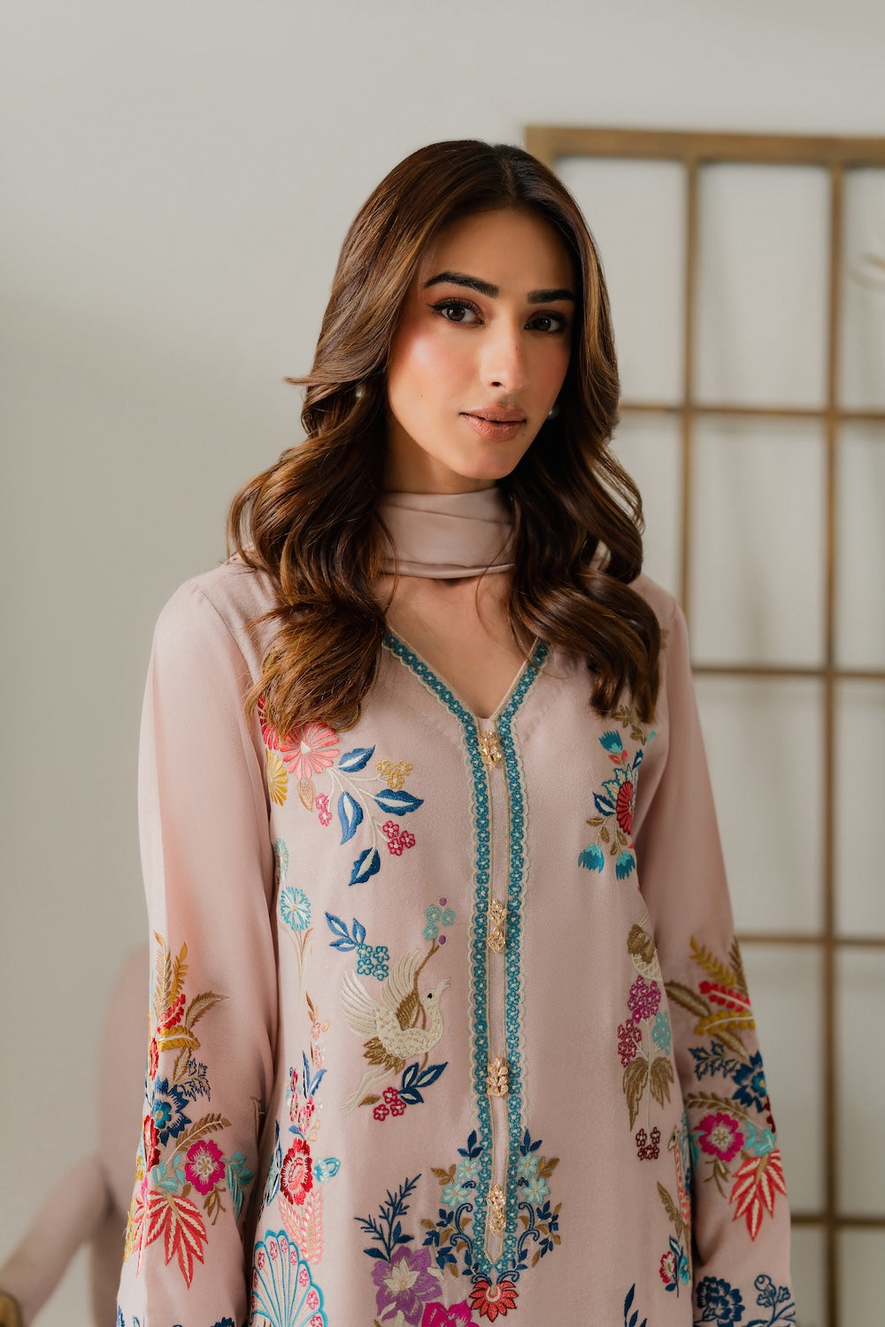 VINTAGE-3PC DHANAK EMBROIDERED SHIRT WITH TYE & DYE CHIFFON DUPATTA AND TROUSER-BIC-4314