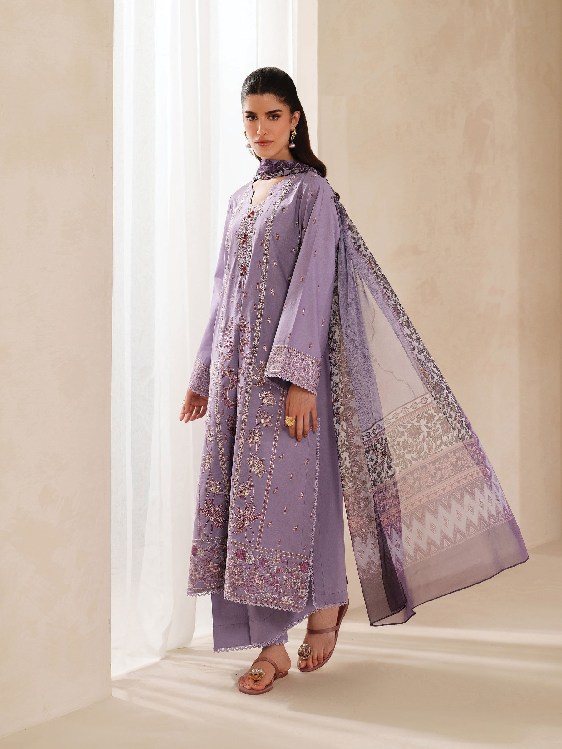 GARNET-3PC DHANAK EMBROIDERED SHIRT WITH COURTRAI PRINTED SHAWL AND TROUSER-BIC-4295