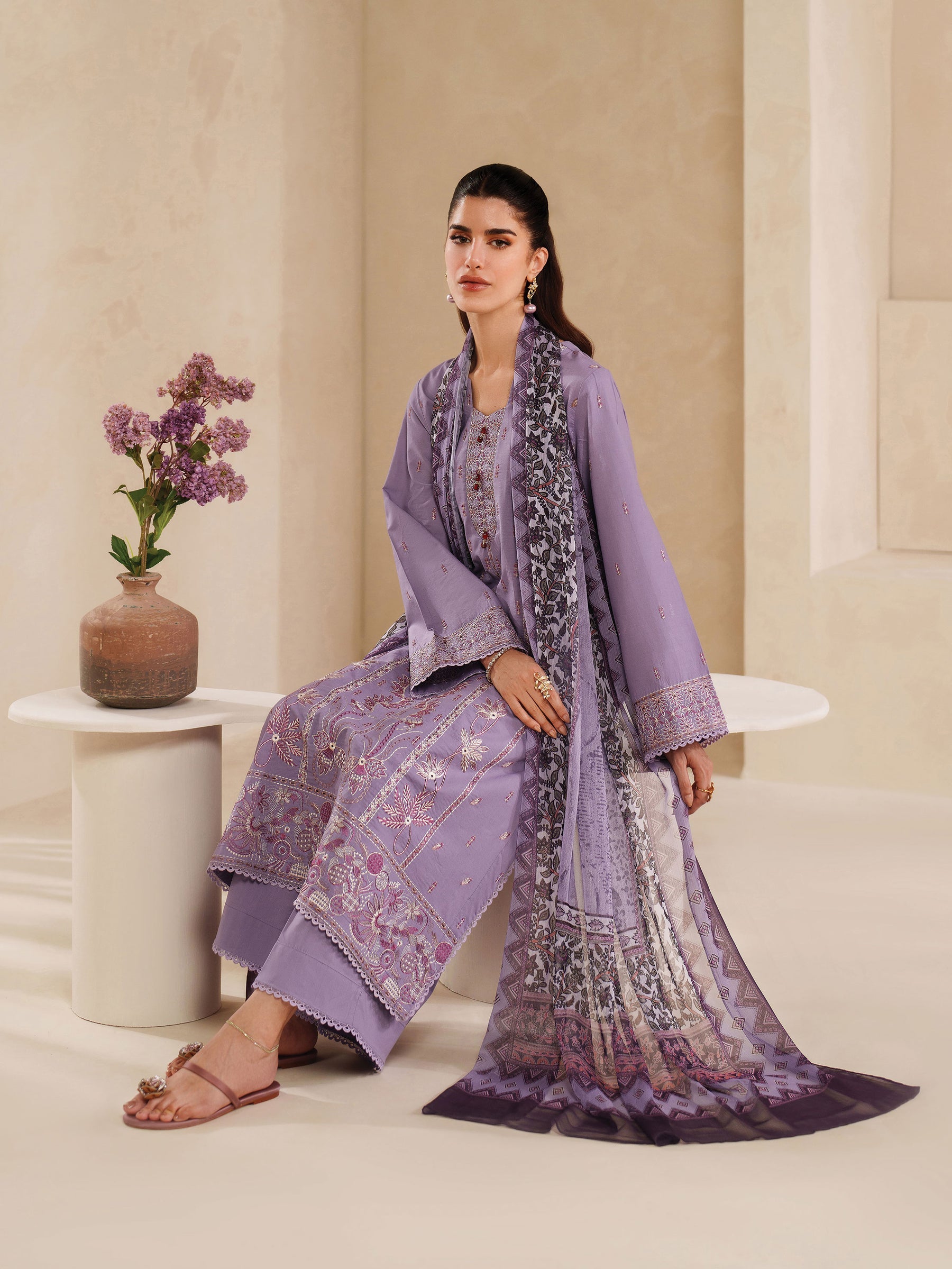 GARNET-3PC DHANAK EMBROIDERED SHIRT WITH COURTRAI PRINTED SHAWL AND TROUSER-BIC-4295