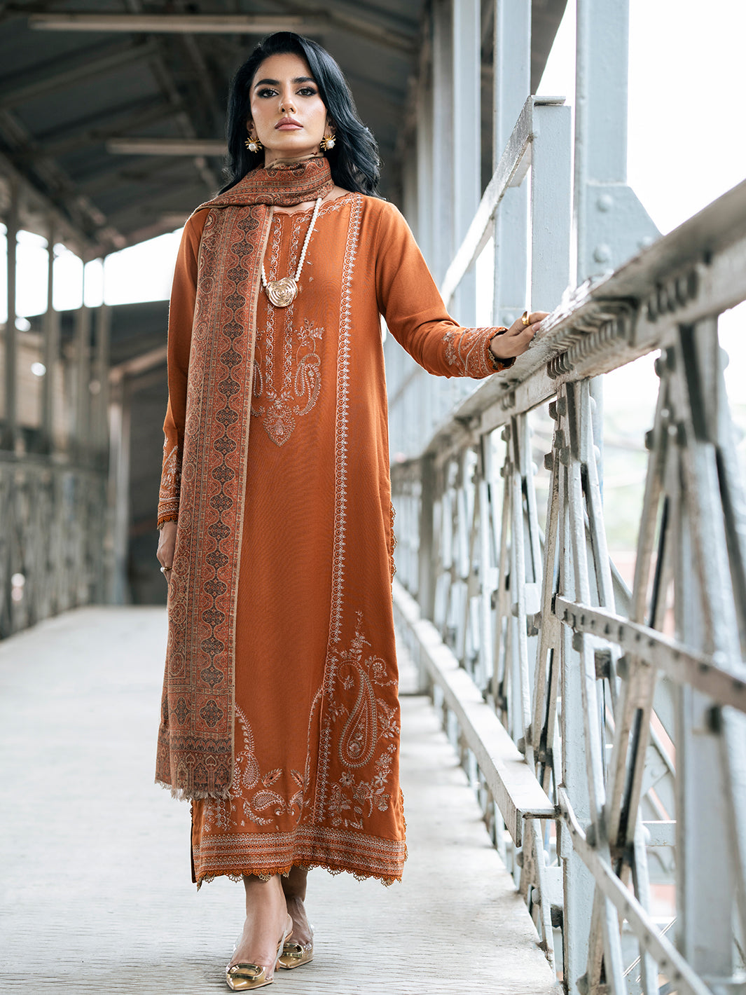 IZEL-3PC DHANAK EMBROIDERED SHIRT WITH COURTRAI PRINTED SHAWL AND TROUSER-BIC-4146