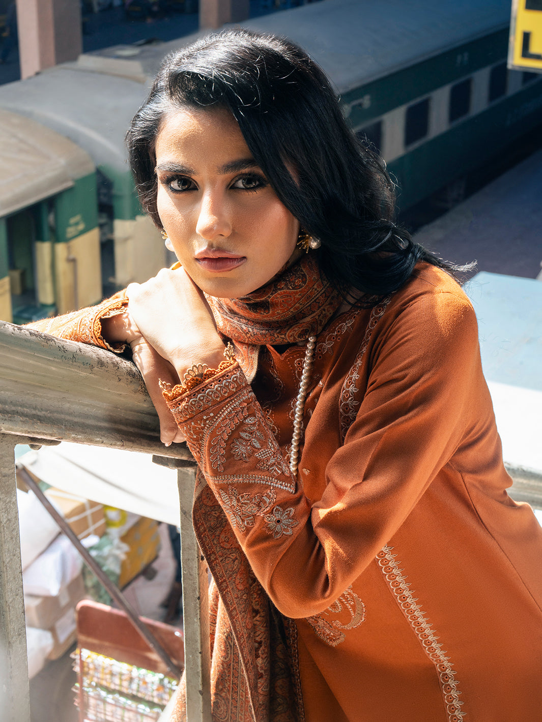 IZEL-3PC DHANAK EMBROIDERED SHIRT WITH COURTRAI PRINTED SHAWL AND TROUSER-BIC-4146