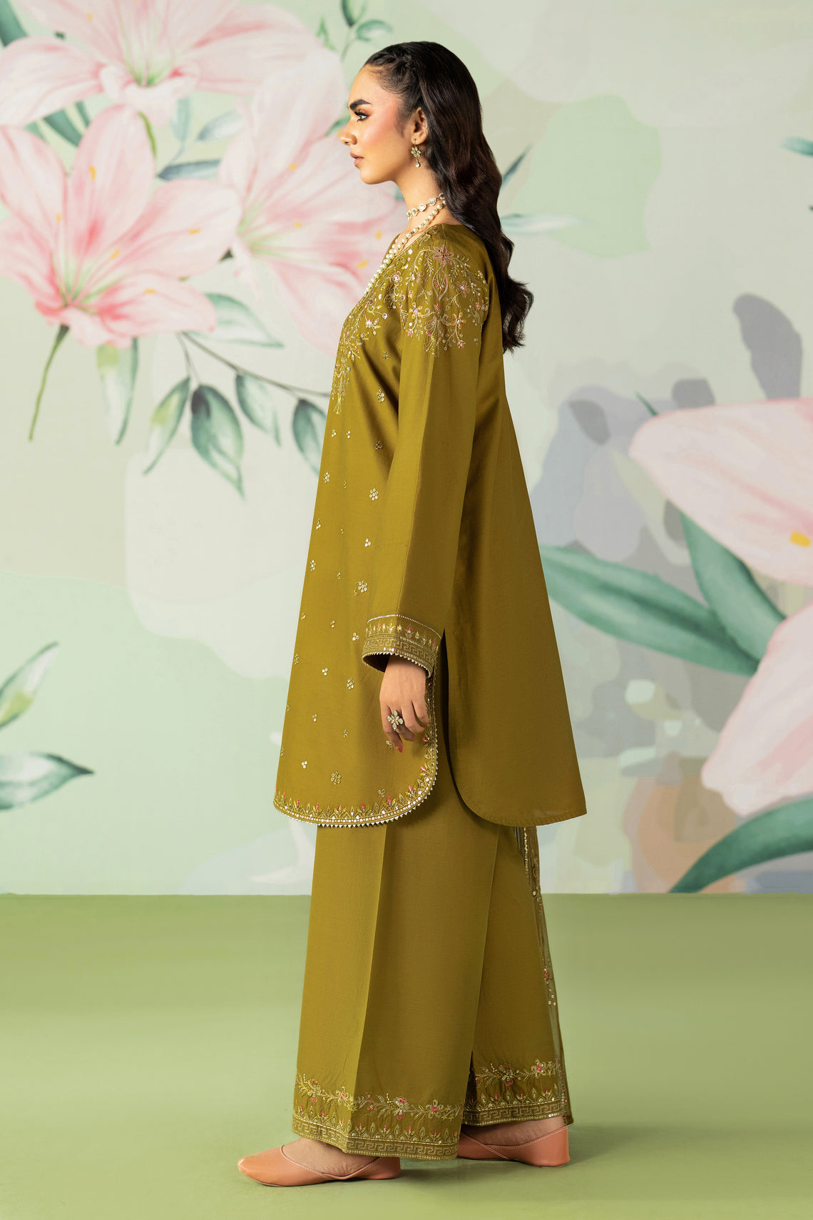 ETHNC-3PC DHANAK SEQUIN EMBROIDERED SHIRT WITH COTTON NET EMBROIDERED DUPATTA AND TROUSER-BIC-4194