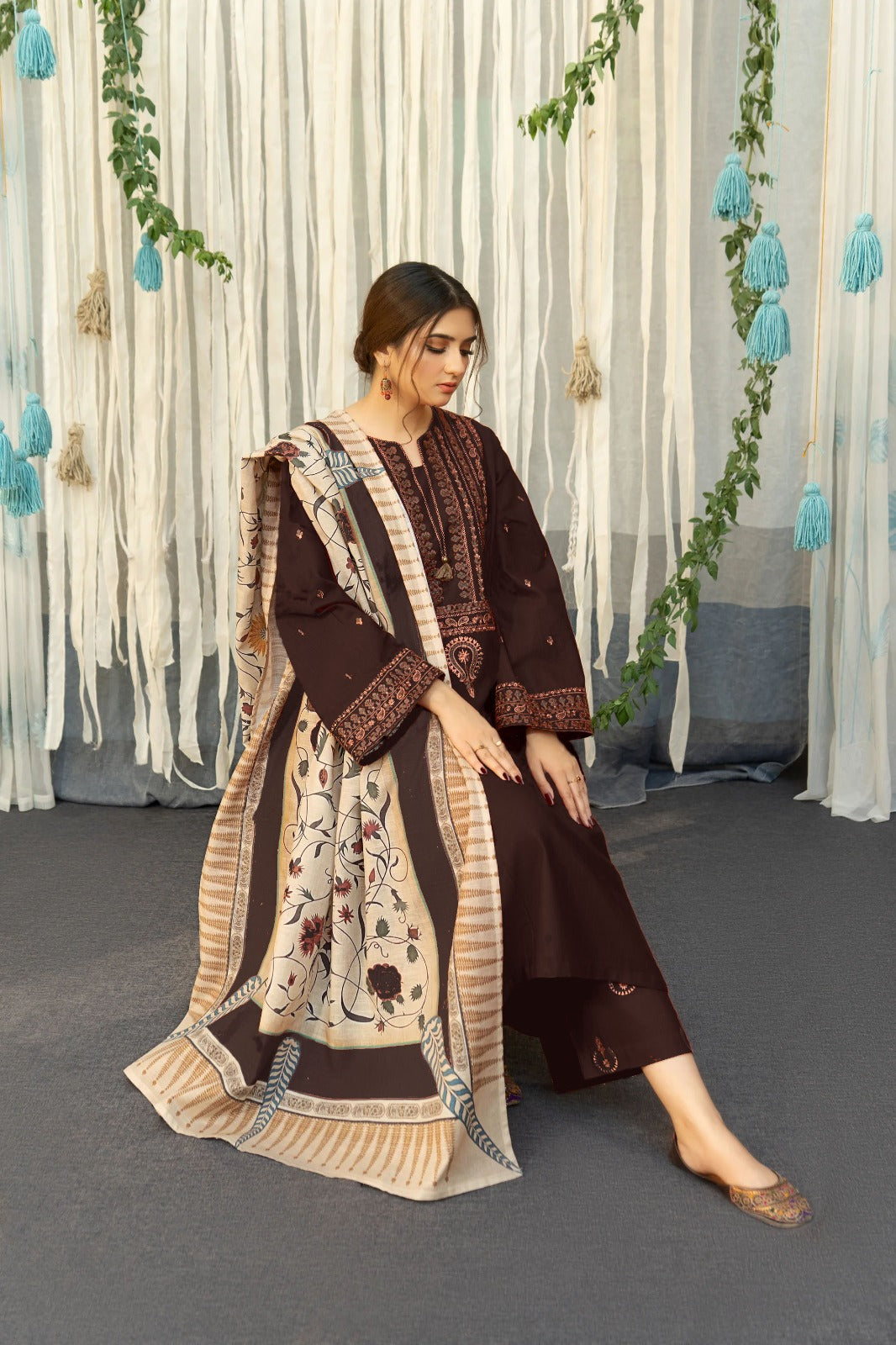 URGE-3PC DHANAK EMBROIDERED SHIRT WITH COURTRAI PRINTED SHAWL AND EMB TROUSER-BIC-4199