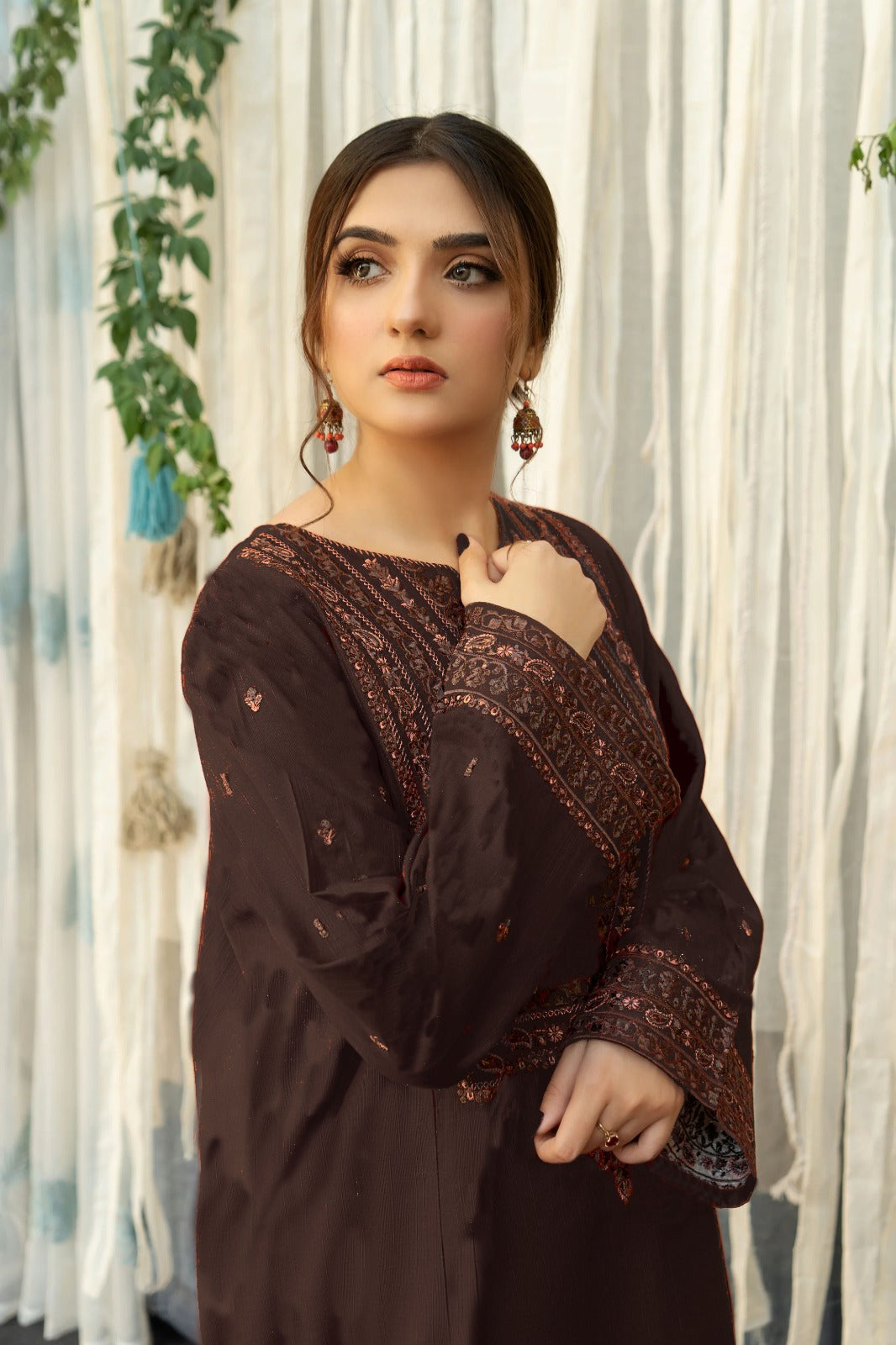 URGE-3PC DHANAK EMBROIDERED SHIRT WITH COURTRAI PRINTED SHAWL AND EMB TROUSER-BIC-4199