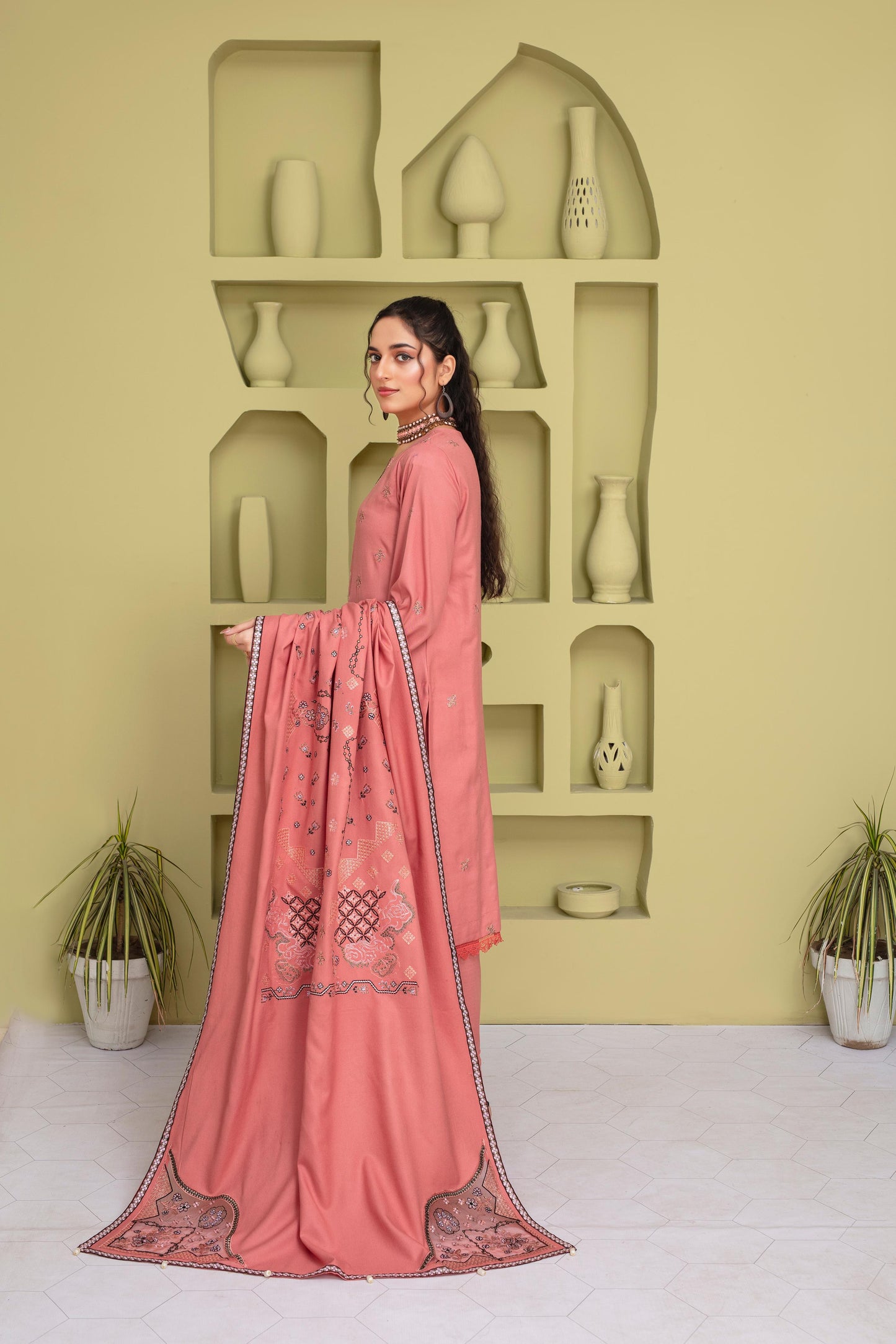 BRANDSINN-3PC DHANAK EMBROIDERED SHIRT WITH DHANAK CUTWORK EMBROIDERED SHAWL AND TROUSER-BIC -1507