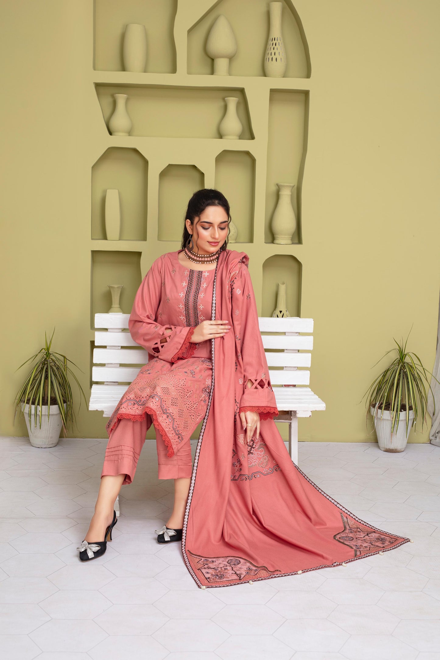 BRANDSINN-3PC DHANAK EMBROIDERED SHIRT WITH DHANAK CUTWORK EMBROIDERED SHAWL AND TROUSER-BIC -1507