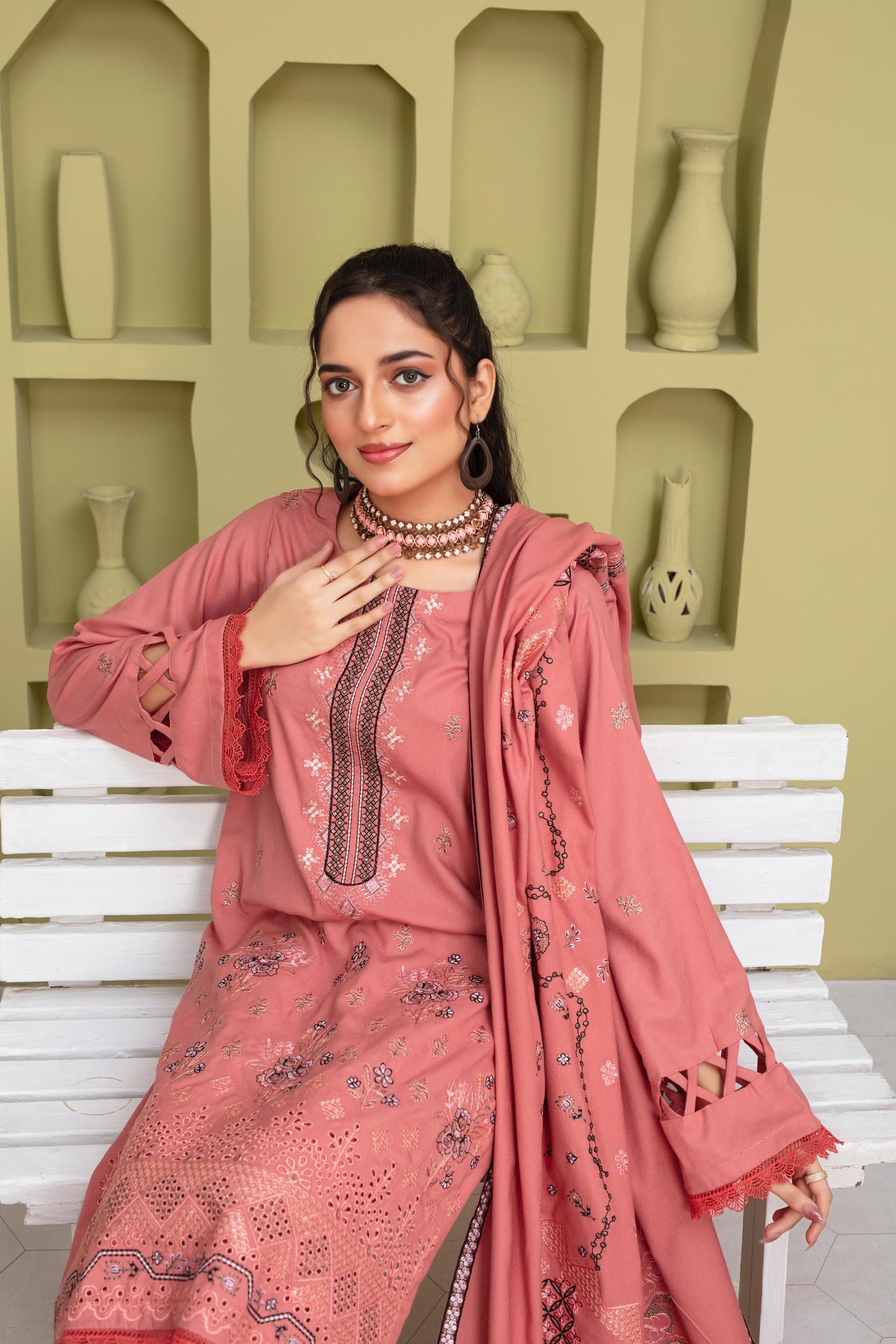 BRANDSINN-3PC DHANAK EMBROIDERED SHIRT WITH DHANAK CUTWORK EMBROIDERED SHAWL AND TROUSER-BIC -1507