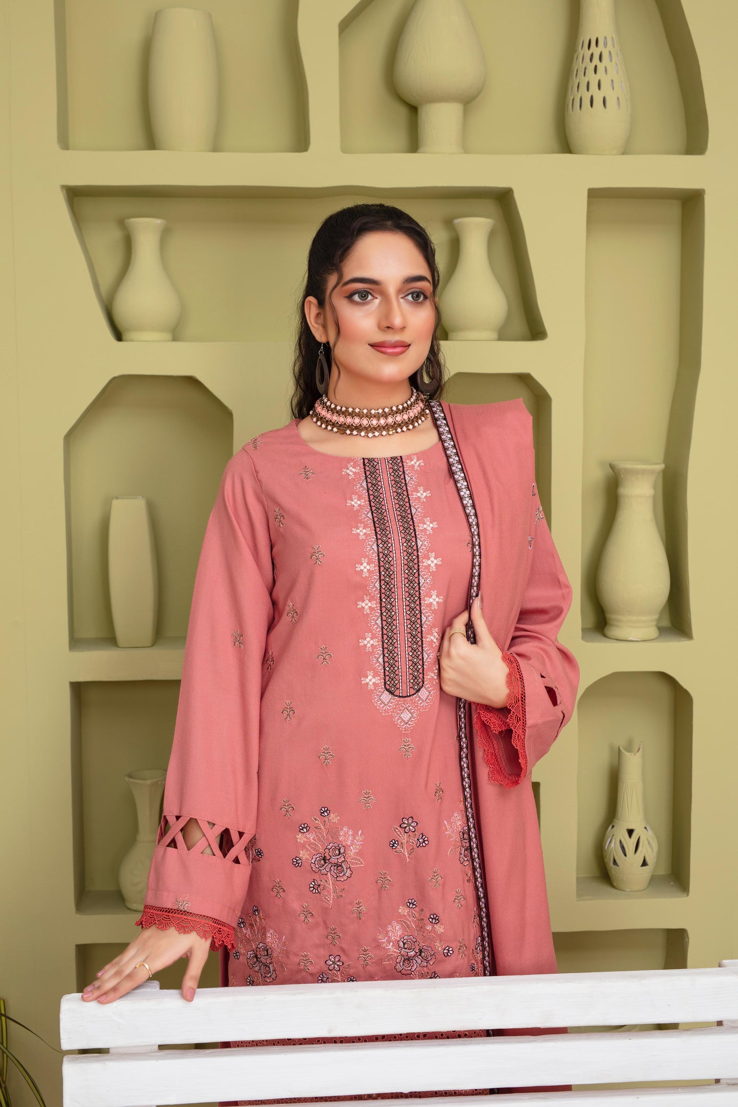 BRANDSINN-3PC DHANAK EMBROIDERED SHIRT WITH DHANAK CUTWORK EMBROIDERED SHAWL AND TROUSER-BIC -1507