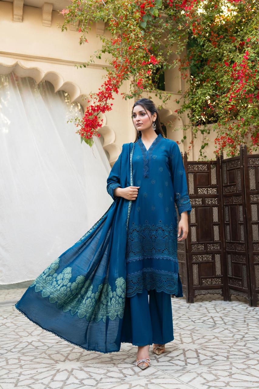 MIRAKHI-3PC LAWN CHIKENKARI EMBROIDERED SHIRT WITH LAWN JACQUARD PRINT DUPATTA-BIC-5600