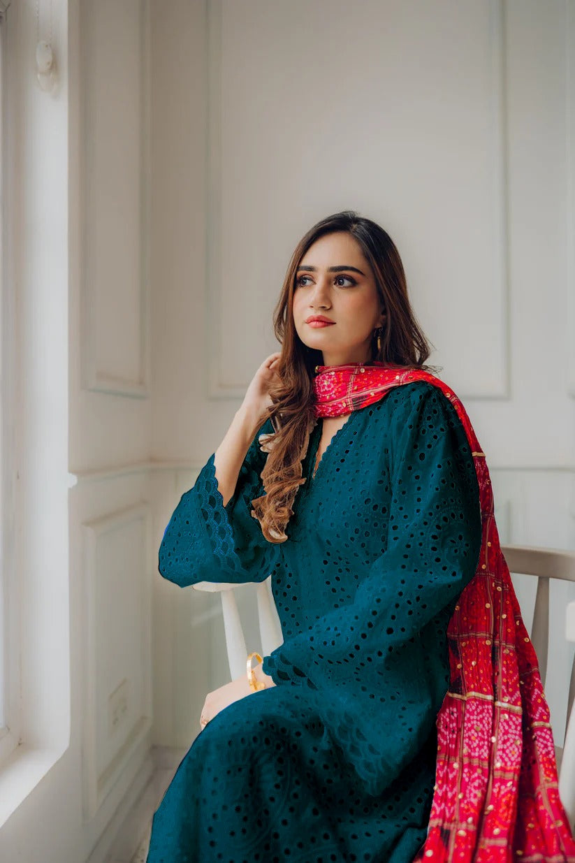 MARIA B-3PC CHIKANKAARI LAWN EMBROIDERED SHIRT WITH CHUNRI PRINT DUPATTA AND TROUSER-BIC-