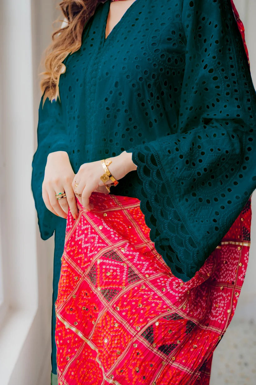 MARIA B-3PC CHIKANKAARI LAWN EMBROIDERED SHIRT WITH CHUNRI PRINT DUPATTA AND TROUSER-BIC-