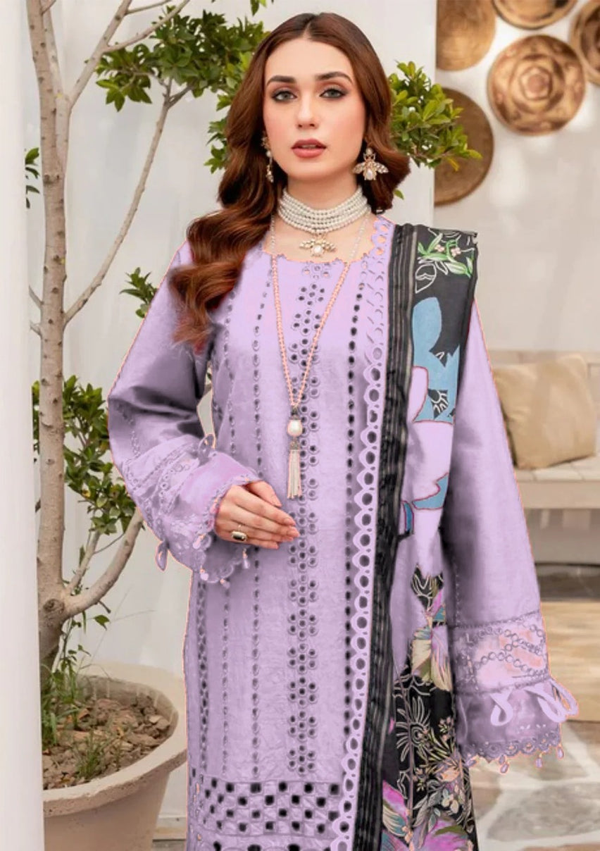 MARIA B-3PC CHIKENKAARI LAWN EMBROIDERED SHIRT WITH MONARK PRINT DUPATTA AND TROUSER-BIC-4054 (Z)