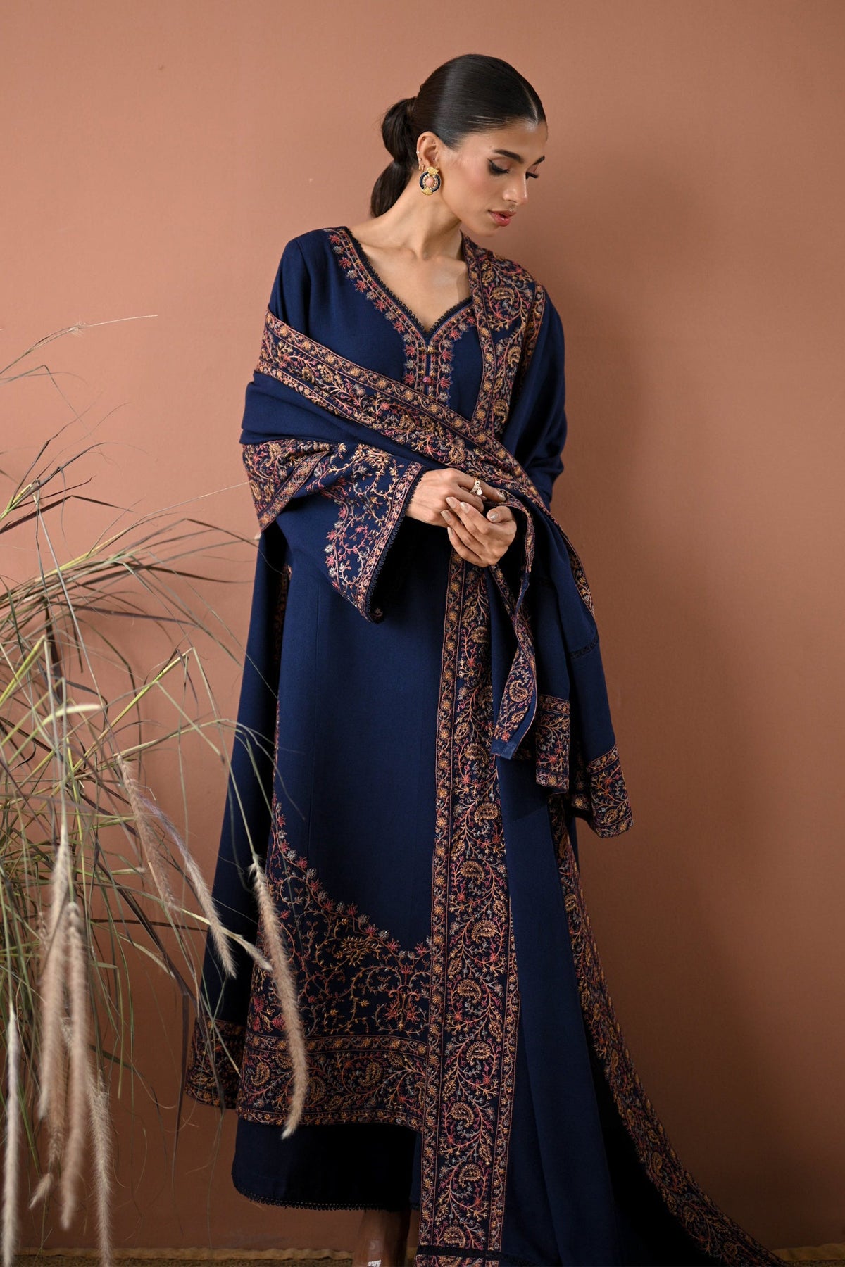 BATIK-3PC DHANAK EMBROIDERED SHIRT WITH DHANAK EMBROIDERED SHAWL AND TROUSER-BIC-4358