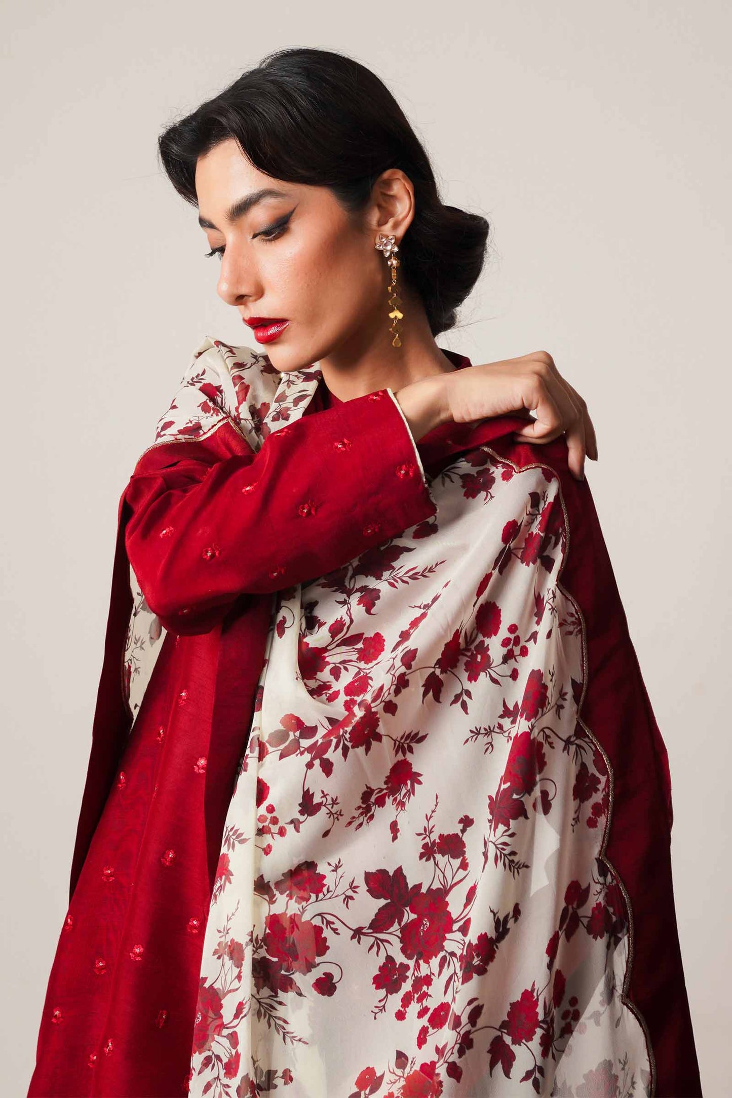 ZARASHAHJAHAN-3PC DHANAK EMBROIDERED SHIRT WITH COUTRAI WOOL PRINTED SHAWL AND DHANAK TROUSER-BIC-1249
