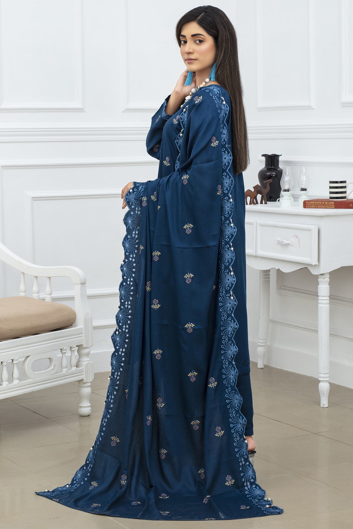 BRANDINN-3PC DHANAK EMBROIDRED SHIRT WITH DHANAK EMBROIDRED SHAWL AND TROUSER-BIC-