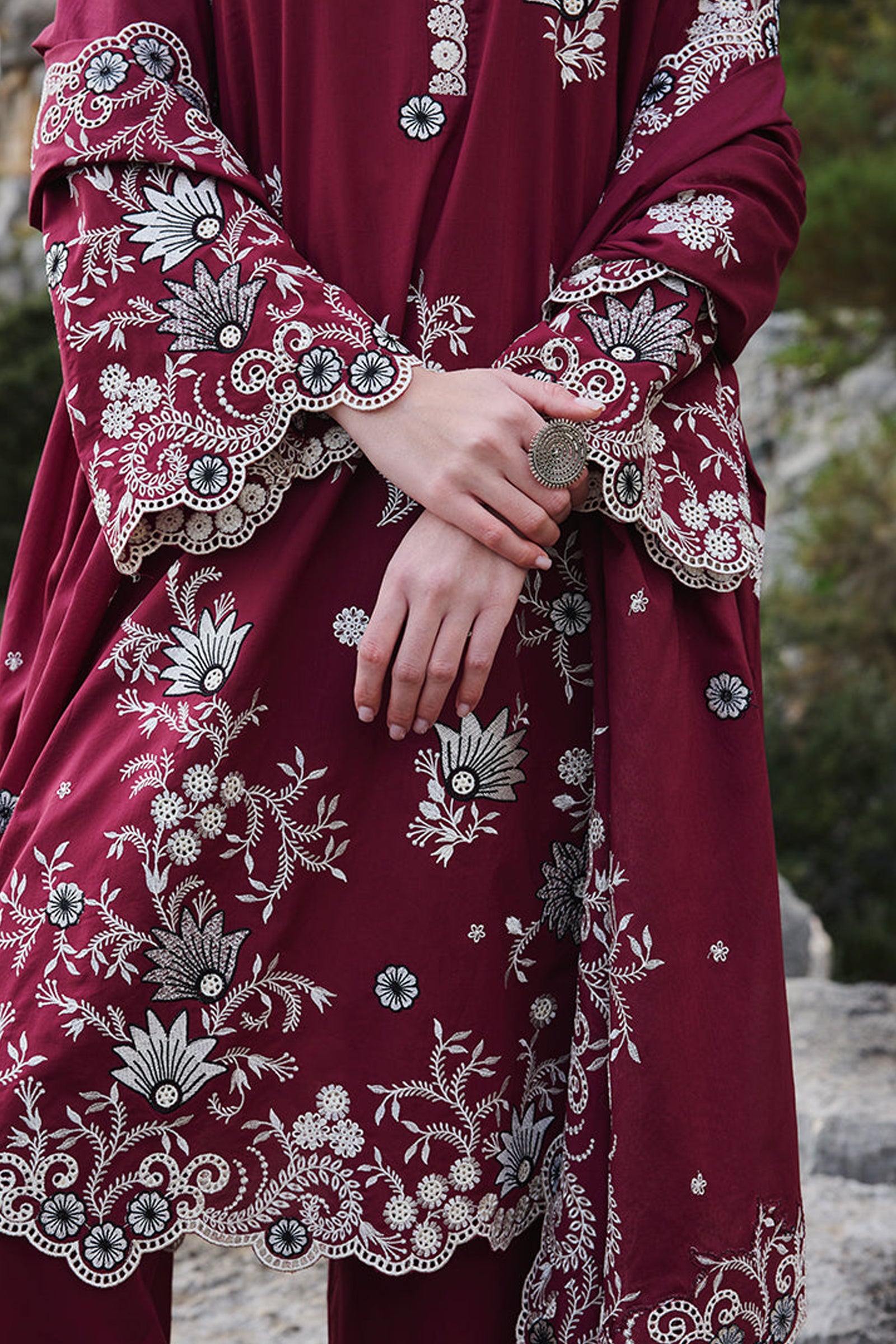 IMAGE-3PC DHANAK EMBROIDERED SHIRT WITH CHIFFON EMBROIDERED DUPATTA AND EMB TROUSER-BIC-4113