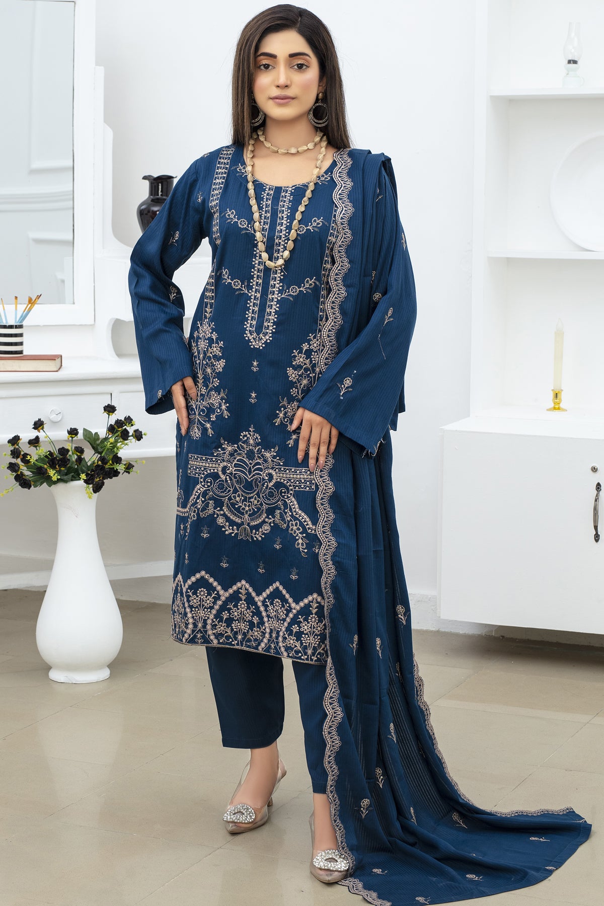 BRANDINN-3PC DHANAK EMBROIDRED SHIRT WITH DHANAK EMBROIDRED SHAWL AND TROUSER-BIC-