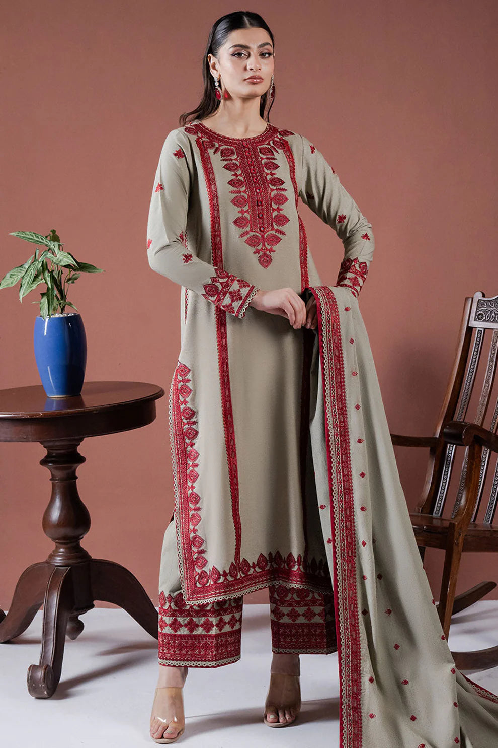 ASIM JOFA-3PC DHANAK EMBROIDERED SHIRT WITH DHANAK EMBROIDERED SHAWL AND EMB TROUSER-BIC-4001