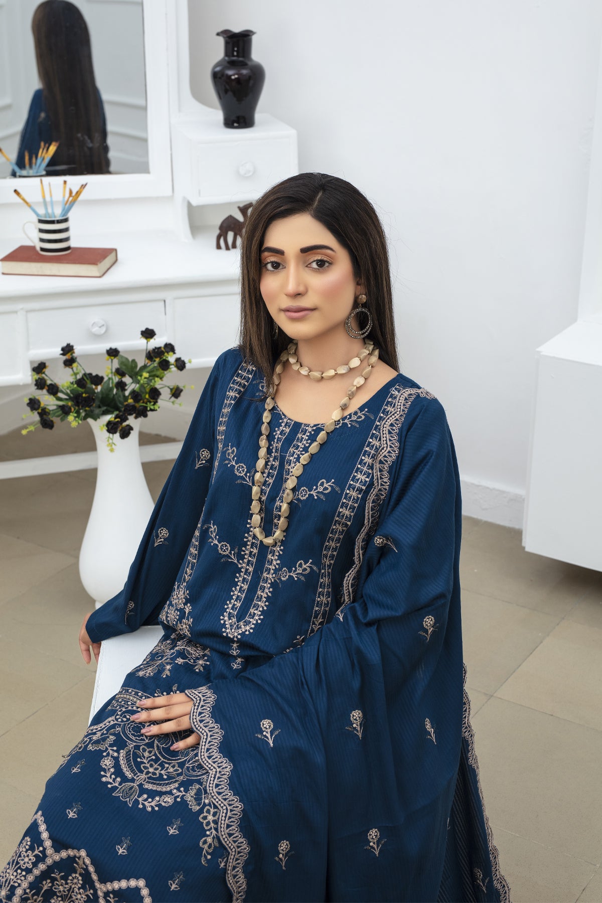 BRANDINN-3PC DHANAK EMBROIDRED SHIRT WITH DHANAK EMBROIDRED SHAWL AND TROUSER-BIC-