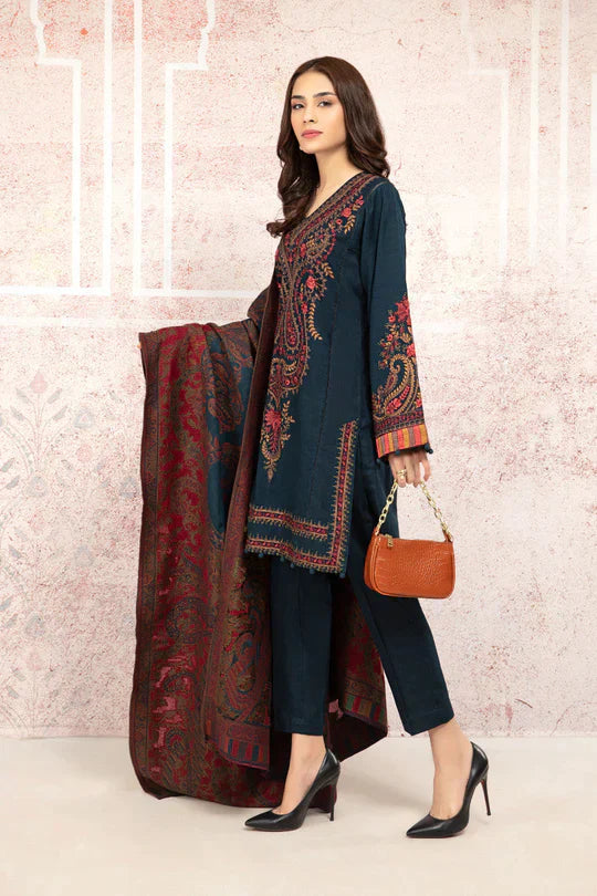 MARIA.B-3PC DHANAK EMBROIDRED SHIRT WITH COURTRAI PRINTED SHAWL AND TROUSER-BIC-4083