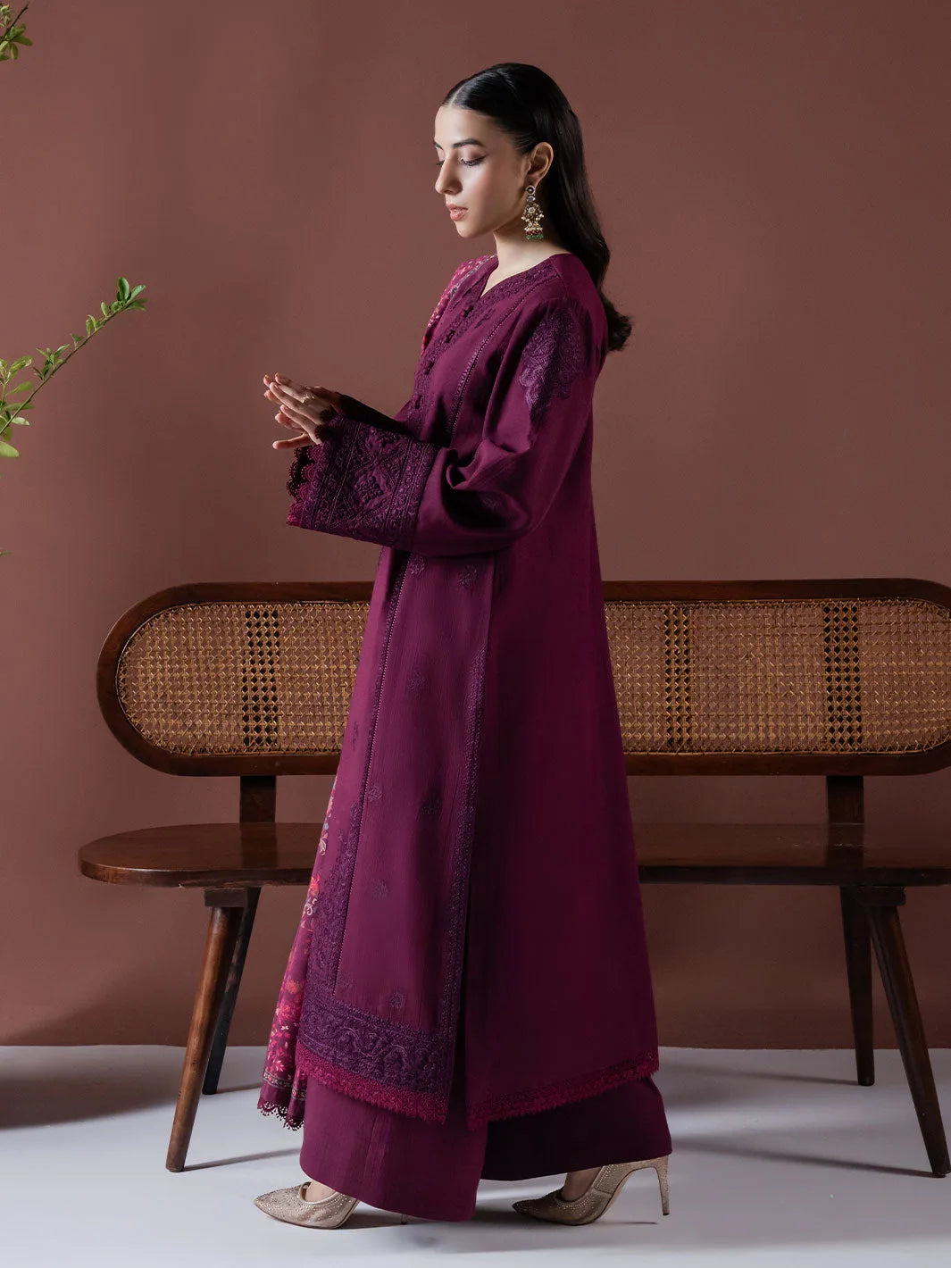 ASIM JOFA-3PC DHANAK EMBROIDERED SHIRT WITH COURTRAI PRINTED SHAWL & TOUSER-BIC-4219