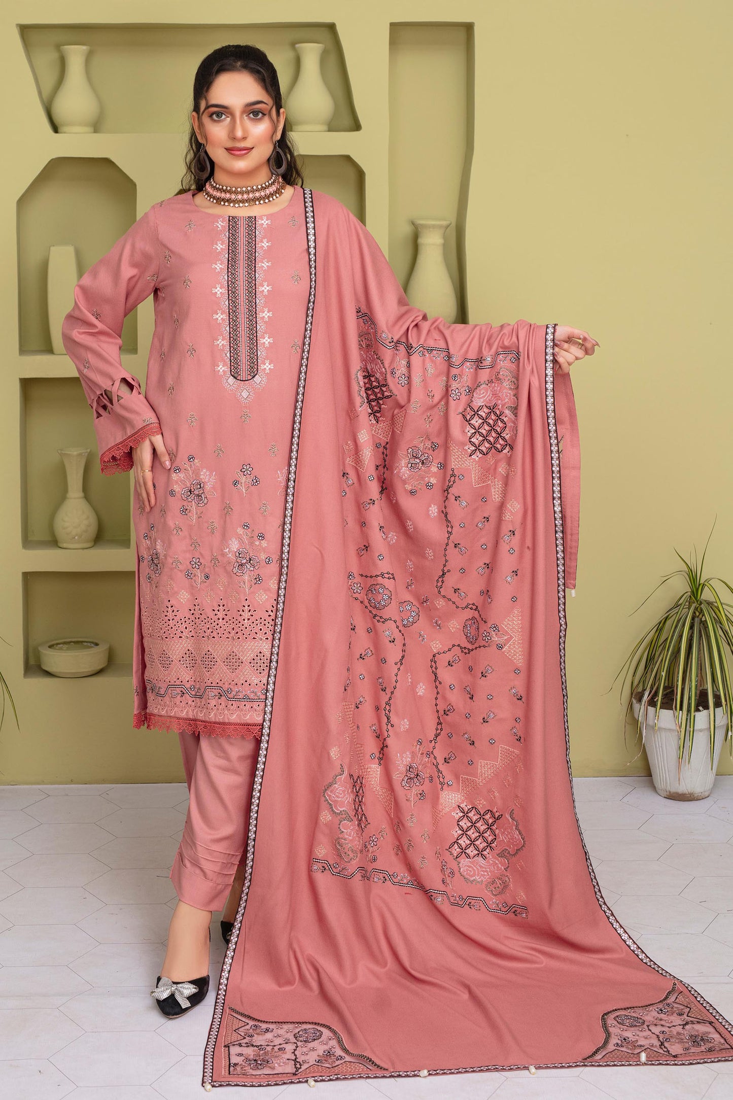 BRANDSINN-3PC DHANAK EMBROIDERED SHIRT WITH DHANAK CUTWORK EMBROIDERED SHAWL AND TROUSER-BIC -1507