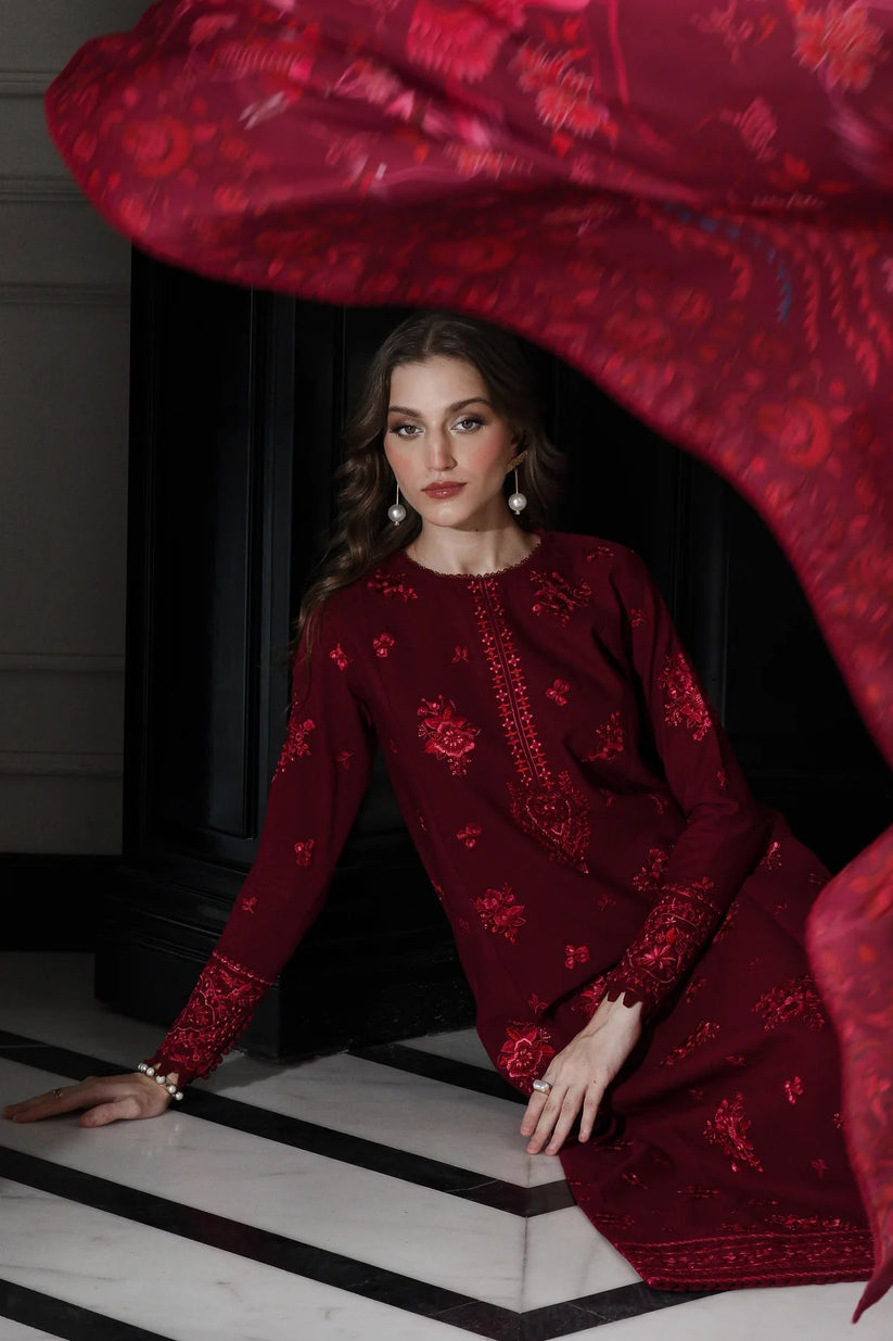 BATIK-3PC DHANAK EMBROIDERED SHIRT WITH COURTRAI PRINTED SHAWL & TROUSER-BIC-