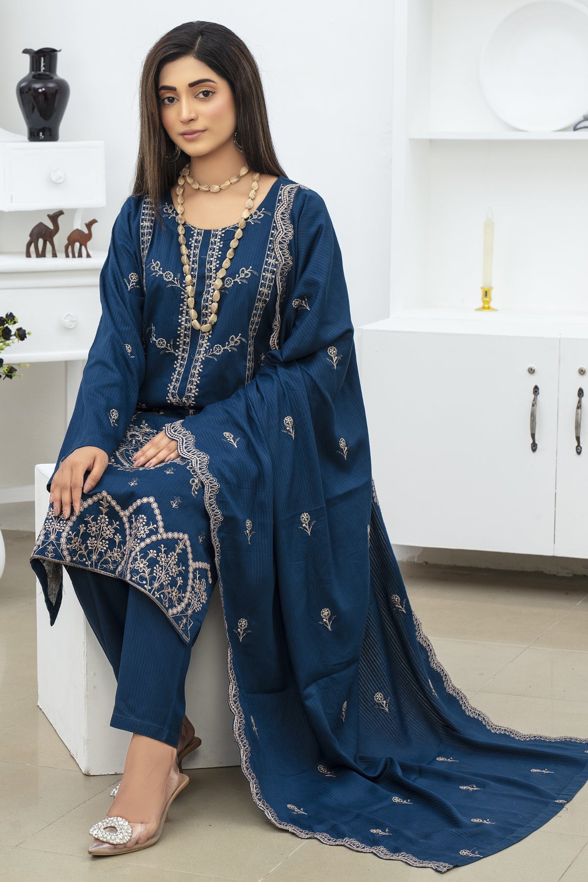 BRANDINN-3PC DHANAK EMBROIDRED SHIRT WITH DHANAK EMBROIDRED SHAWL AND TROUSER-BIC-