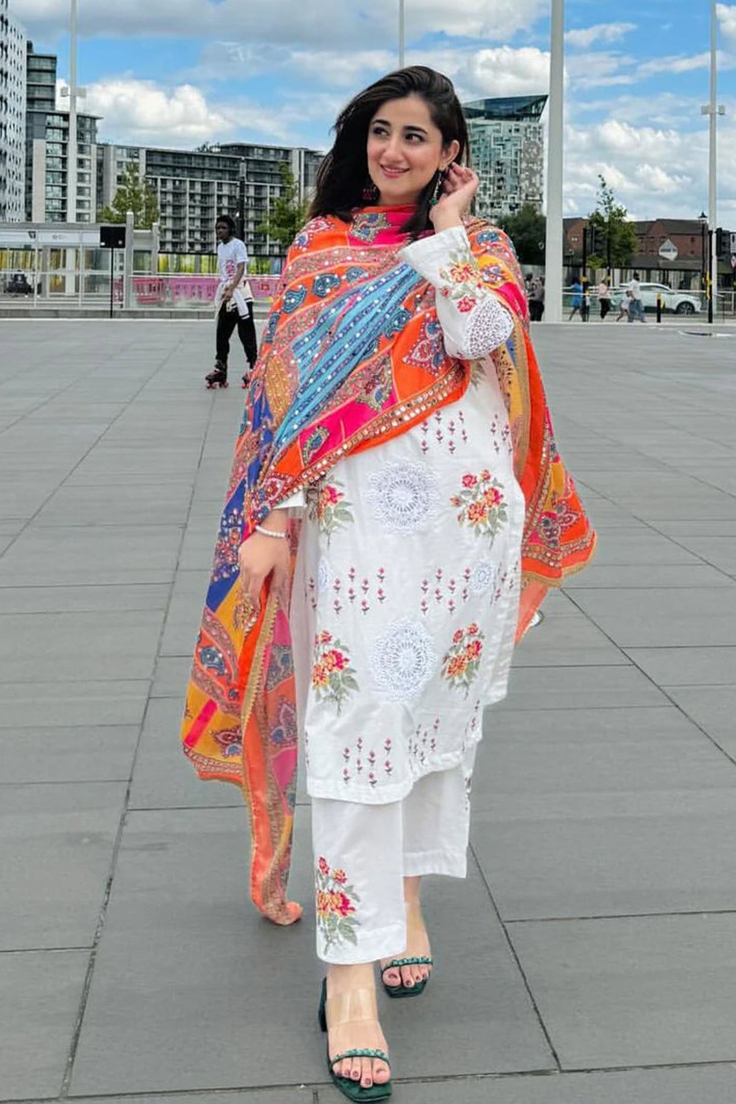 NIMRA MEHRA-3PC LAWN EMBROIDERED SHIRT WITH MONARK PRINTED DUPATTA & EMB TROUSER-BIC-3624
