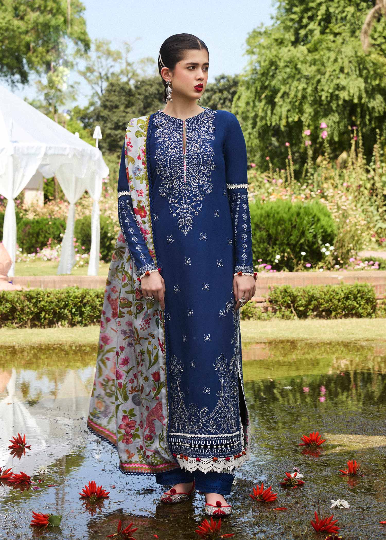 HUSSAIN REHAR-3PC DHANAK EMBROIDRED SHIRT WITH COURTURAI PRINTED SHAWL AND TROUSER-BIC-3159
