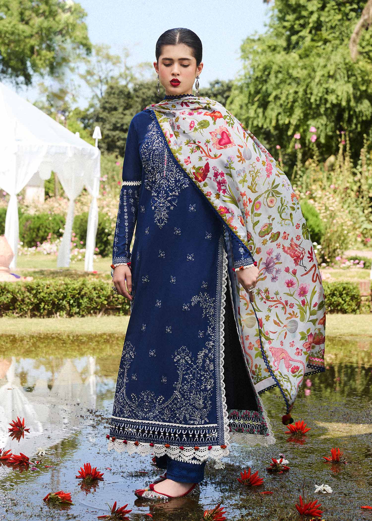 HUSSAIN REHAR-3PC DHANAK EMBROIDRED SHIRT WITH COURTURAI PRINTED SHAWL AND TROUSER-BIC-3159