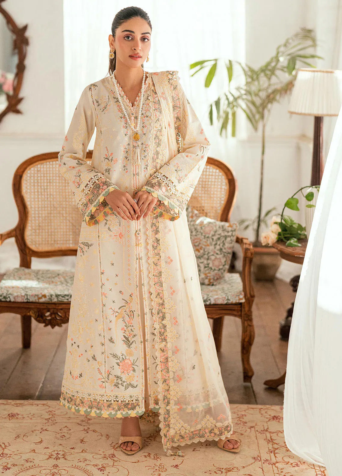 QALAMQAR - 3PC LAWN EMBROIDERED SHIRT WITH ORGANZA EMBROIDERED DUPATTA AND TROUSER -BIC-3804