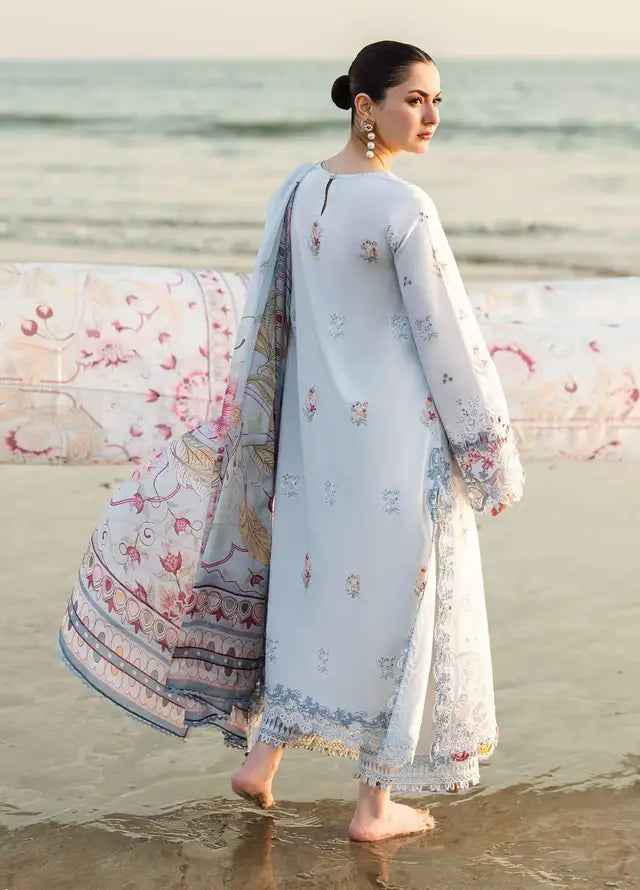 QALAMQAR - 3PC LAWN EMBROIDERED SHIRT WITH MONARK PRINTED DUPATTA AND TROUSER-BIC-3663