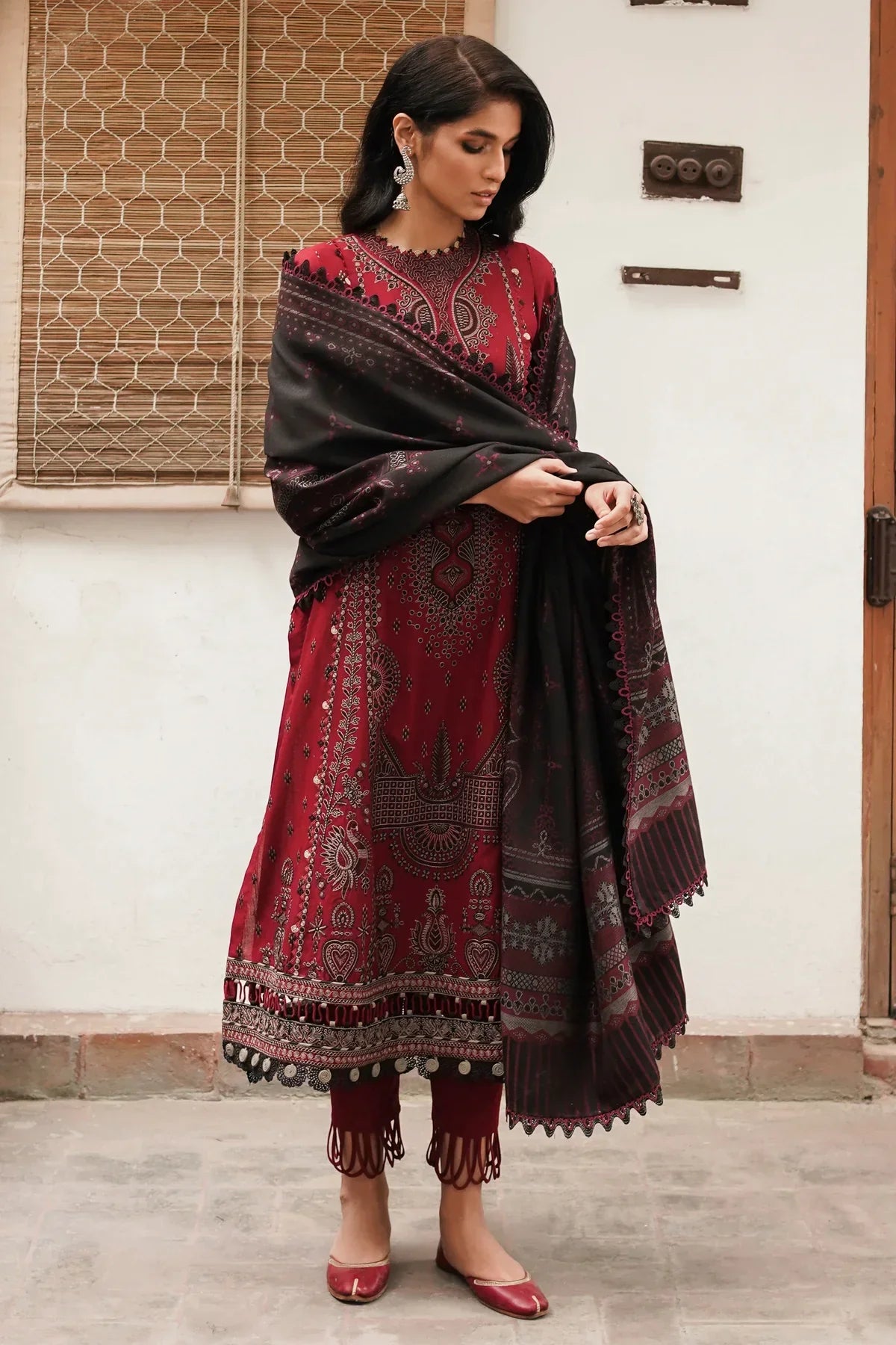 JAZMIN - DHANAK 3PC EMBROIDERED SHIRT WITH COUTRAI WOOL PRINT SHAWL - BIC-3149