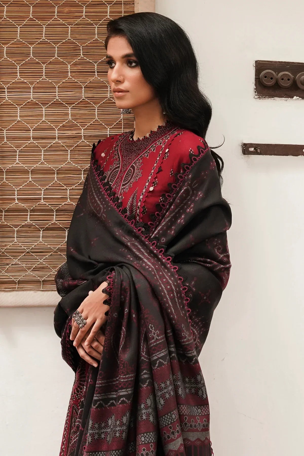 JAZMIN - DHANAK 3PC EMBROIDERED SHIRT WITH COUTRAI WOOL PRINT SHAWL - BIC-3149