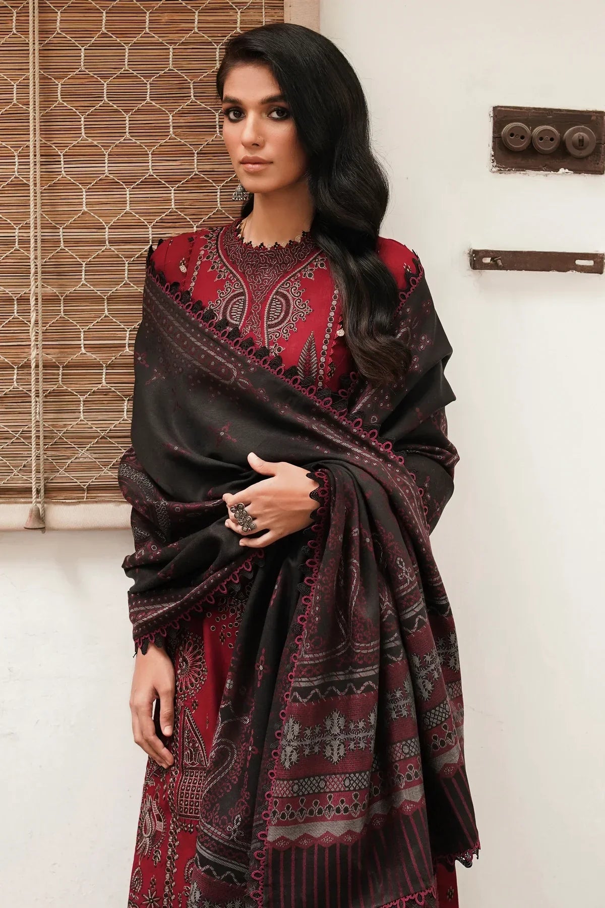 JAZMIN - DHANAK 3PC EMBROIDERED SHIRT WITH COUTRAI WOOL PRINT SHAWL - BIC-3149