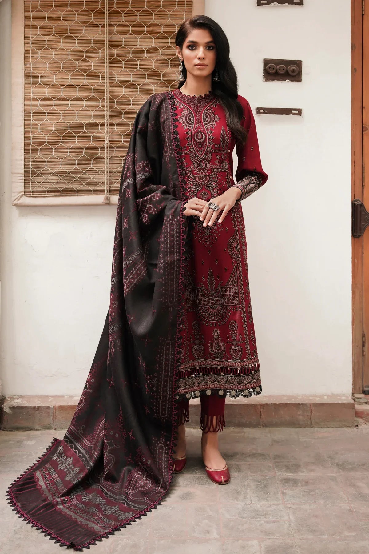 JAZMIN - DHANAK 3PC EMBROIDERED SHIRT WITH COUTRAI WOOL PRINT SHAWL - BIC-3149