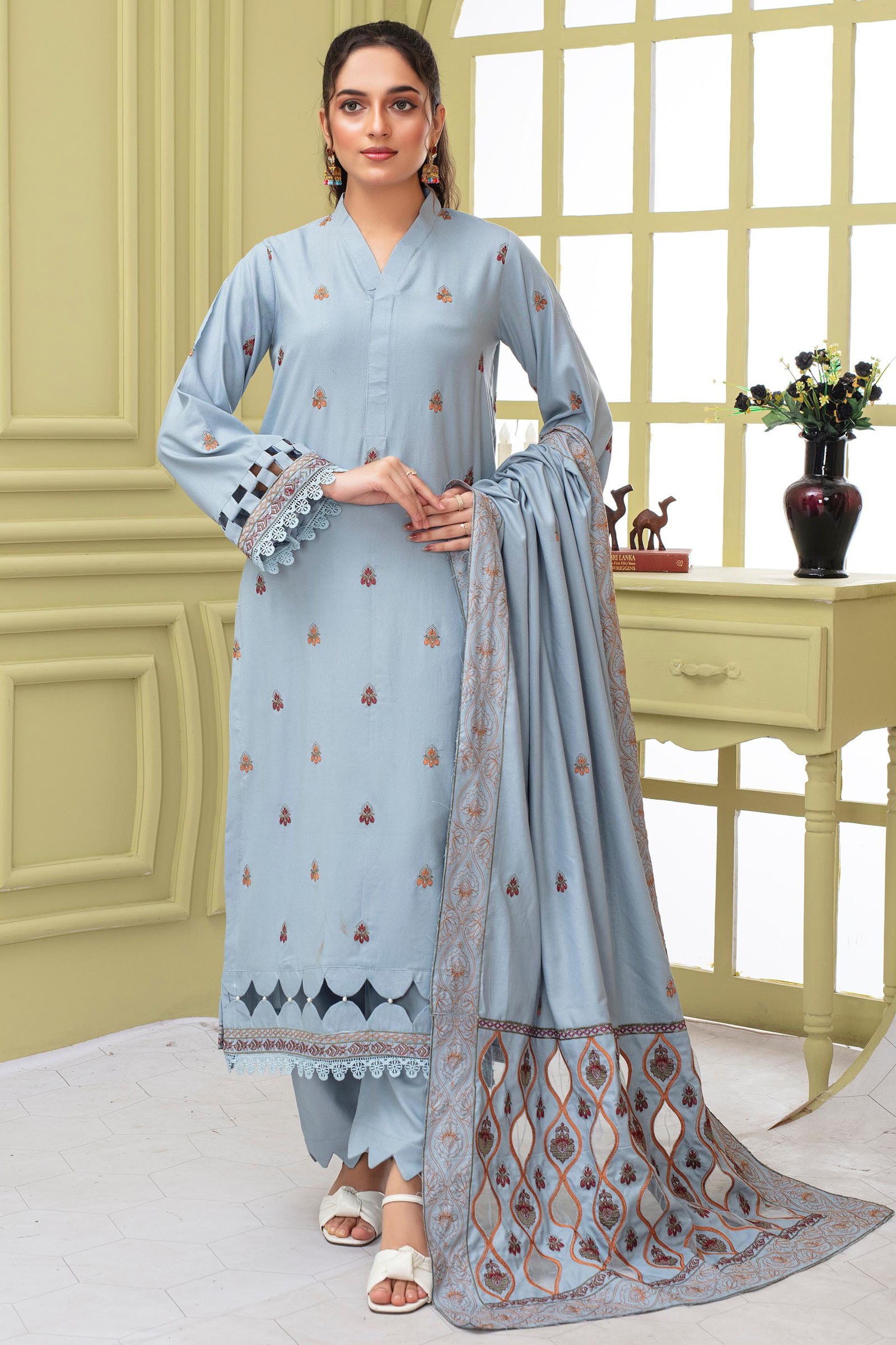 BRANDS INN-3PC DHANAK EMBROIDERED SHIRT WITH HEAVY CUTWORK EMBROIDERED DHANAK SHAWL AND TROUSER-BIC -1506