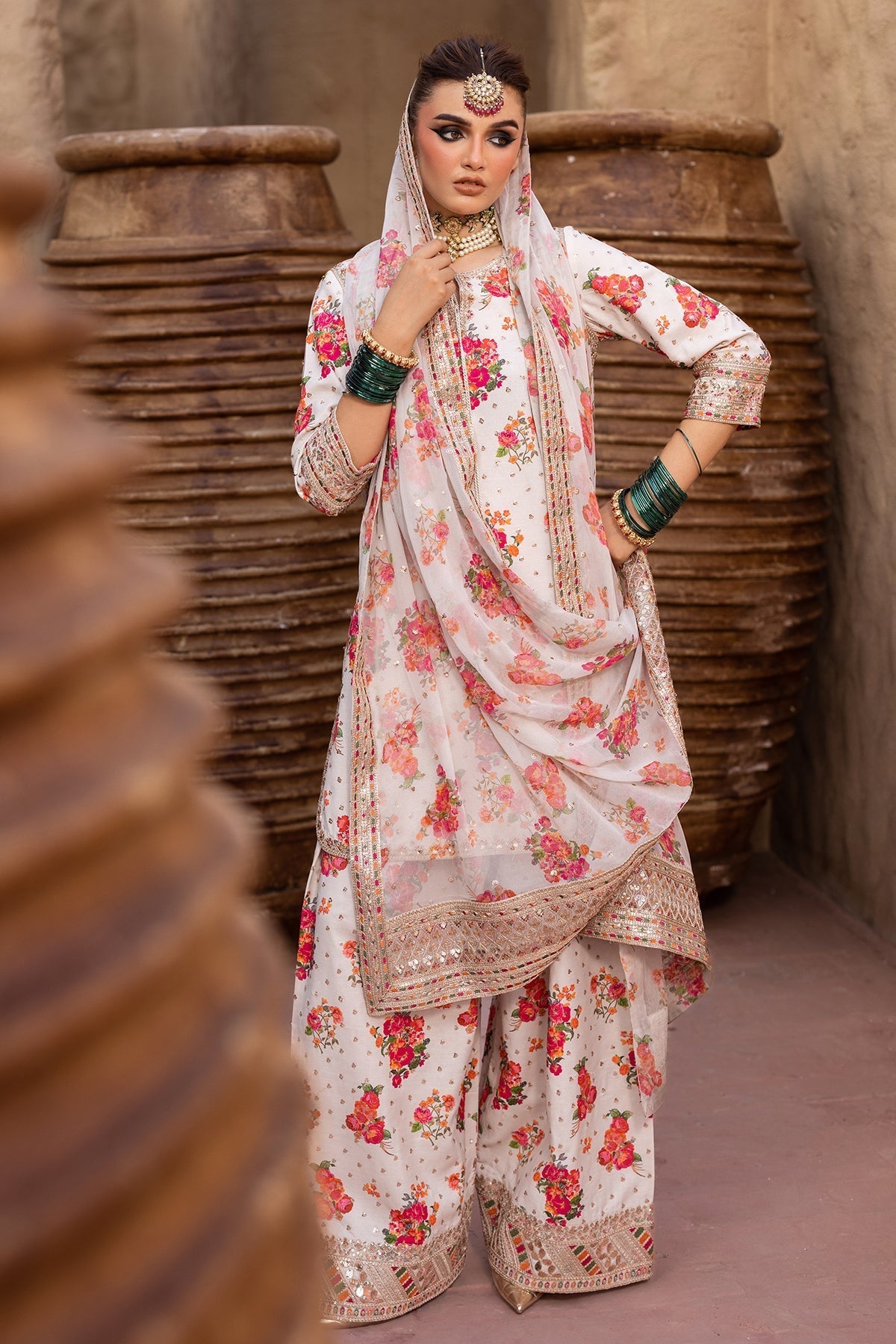 CHARIZMA-3PC SHAMOZE SILK PRINTED EMB SHIRT WITH SOFT SILK PRINTED EMB DUPATTA & EMB TROUSER BIC-