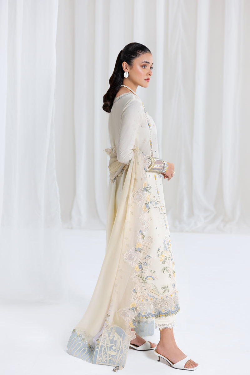 QALAMQAR - 3PC LAWN EMBROIDERED SHIRT WITH NET EMBROIDERED DUPATTA AND TROUSER -BIC-3801