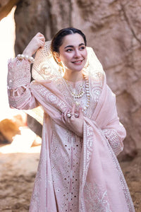 QALAMQAR-3PC LAWN LASERCUTWORK EMBROIDERED SHIRT WITH KHAADI NET EMBROIDERED DUPATTA AND TROUSER-BIC-4726