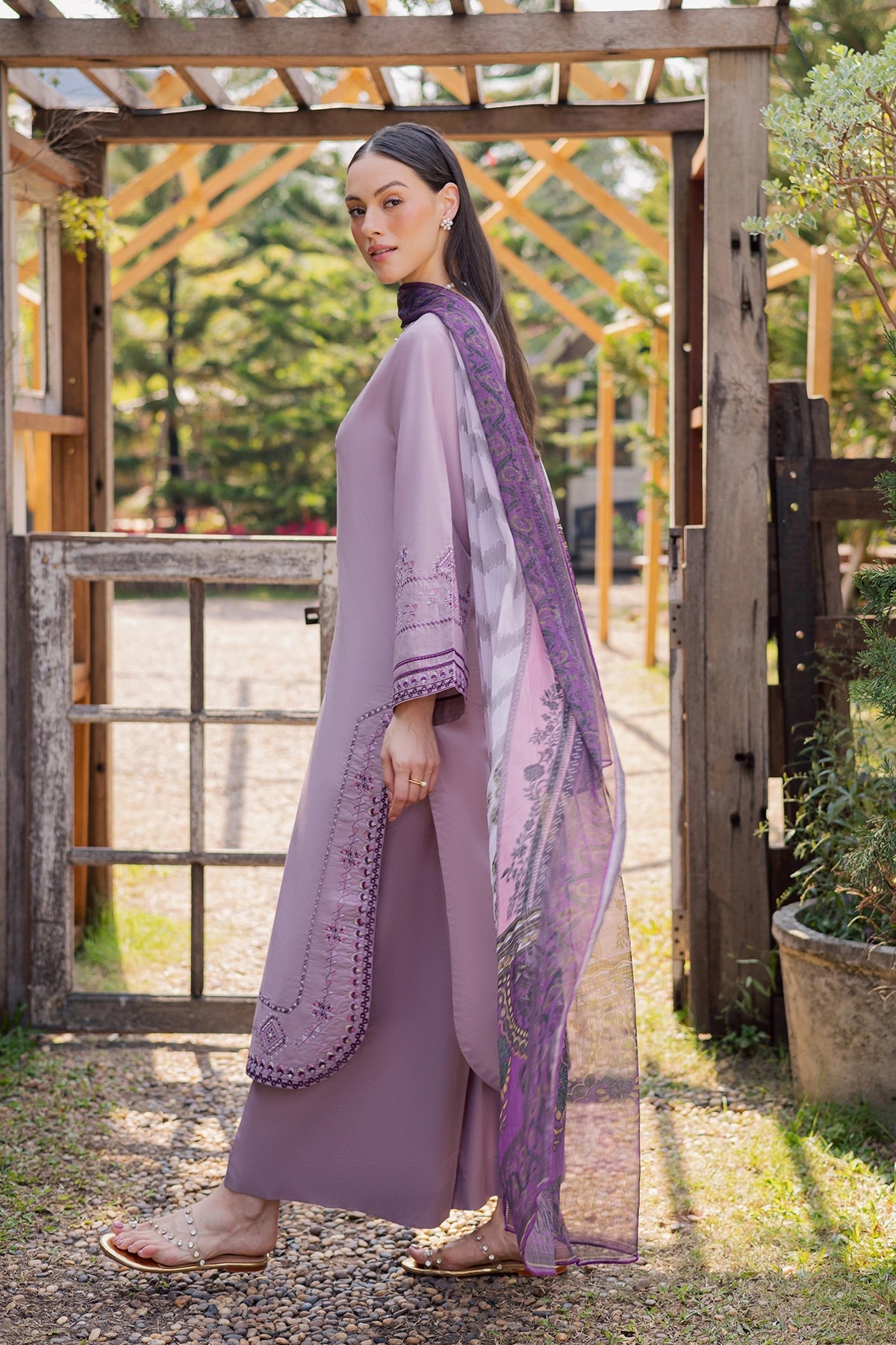 GARNET-3PIECE LAWN EMBROIDERED SHIRT WITH CHIFFON PRINTED DUPATTA AND TROUSER-BIC-4856