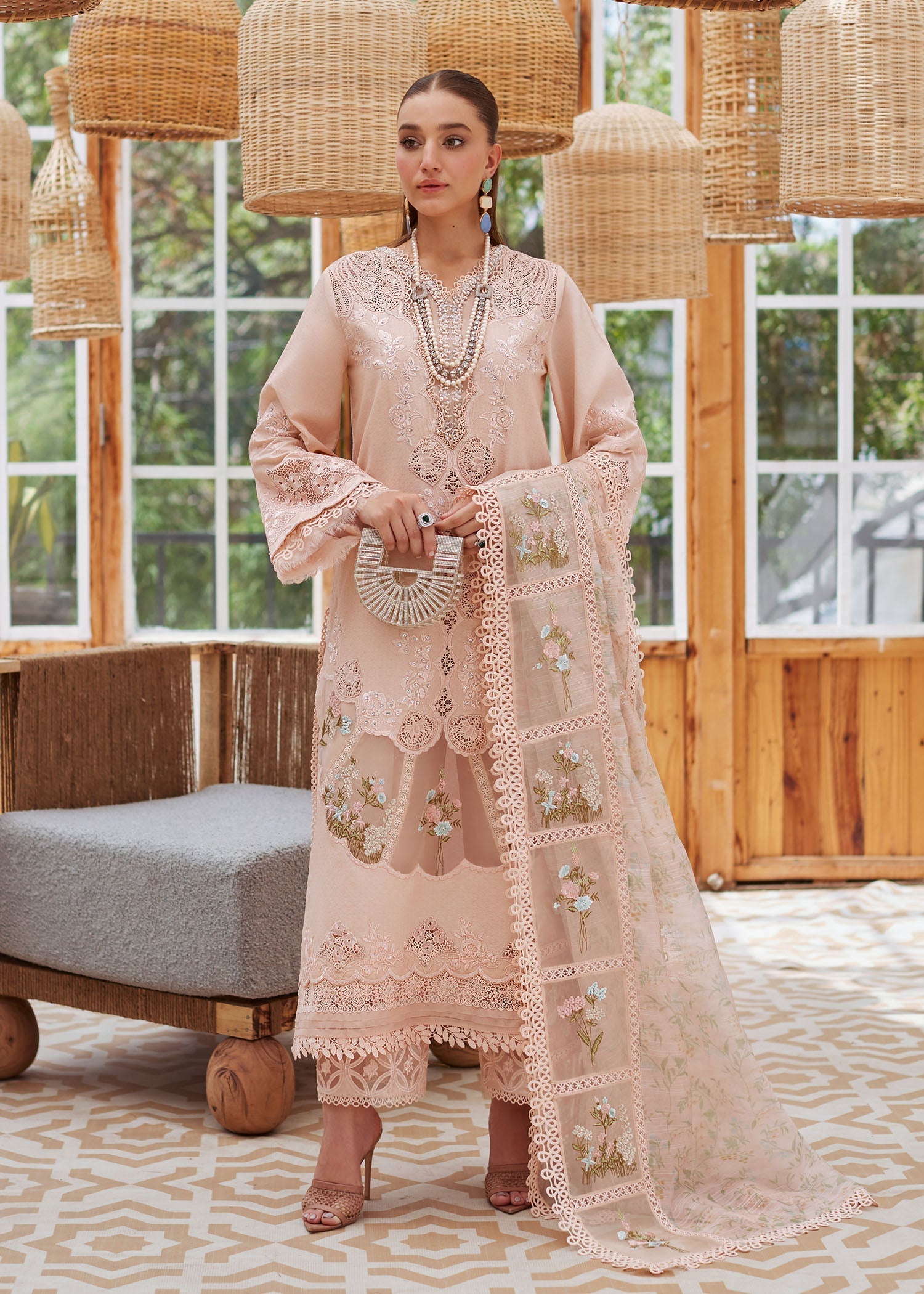 CRIMSON-3PC LAWN LASERWORK EMBROIDERED SHIRT WITH CHIFFON PRINTED EMBROIDERED DUPATTA AND TROUSER-BIC-4648