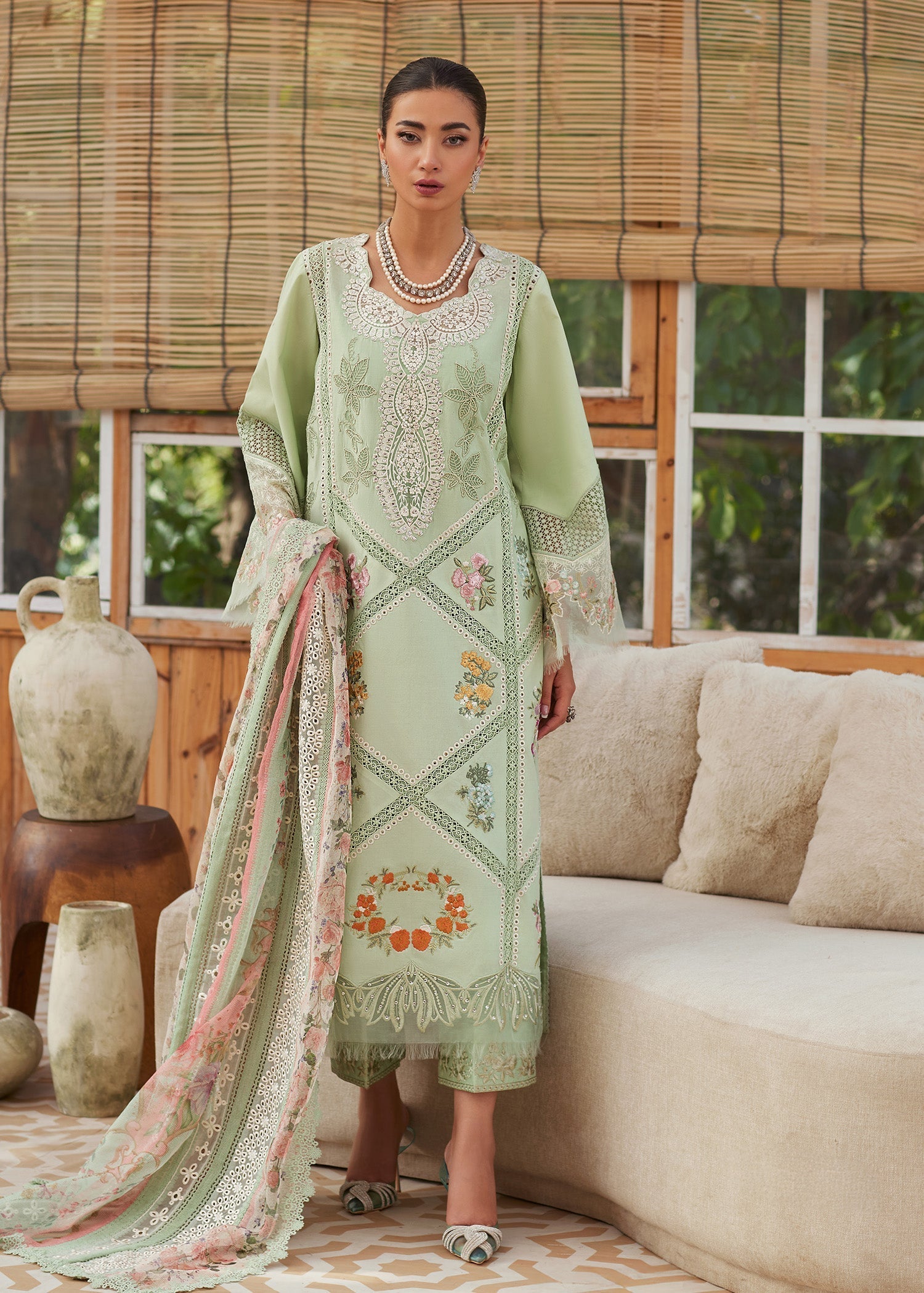 CRIMSON-3PC LAWN CHIKAANKARI EMBROIDERED SHIRT WITH CHIFOON PRINTED DUPATTA AND EMB TROUSER-BIC-4748