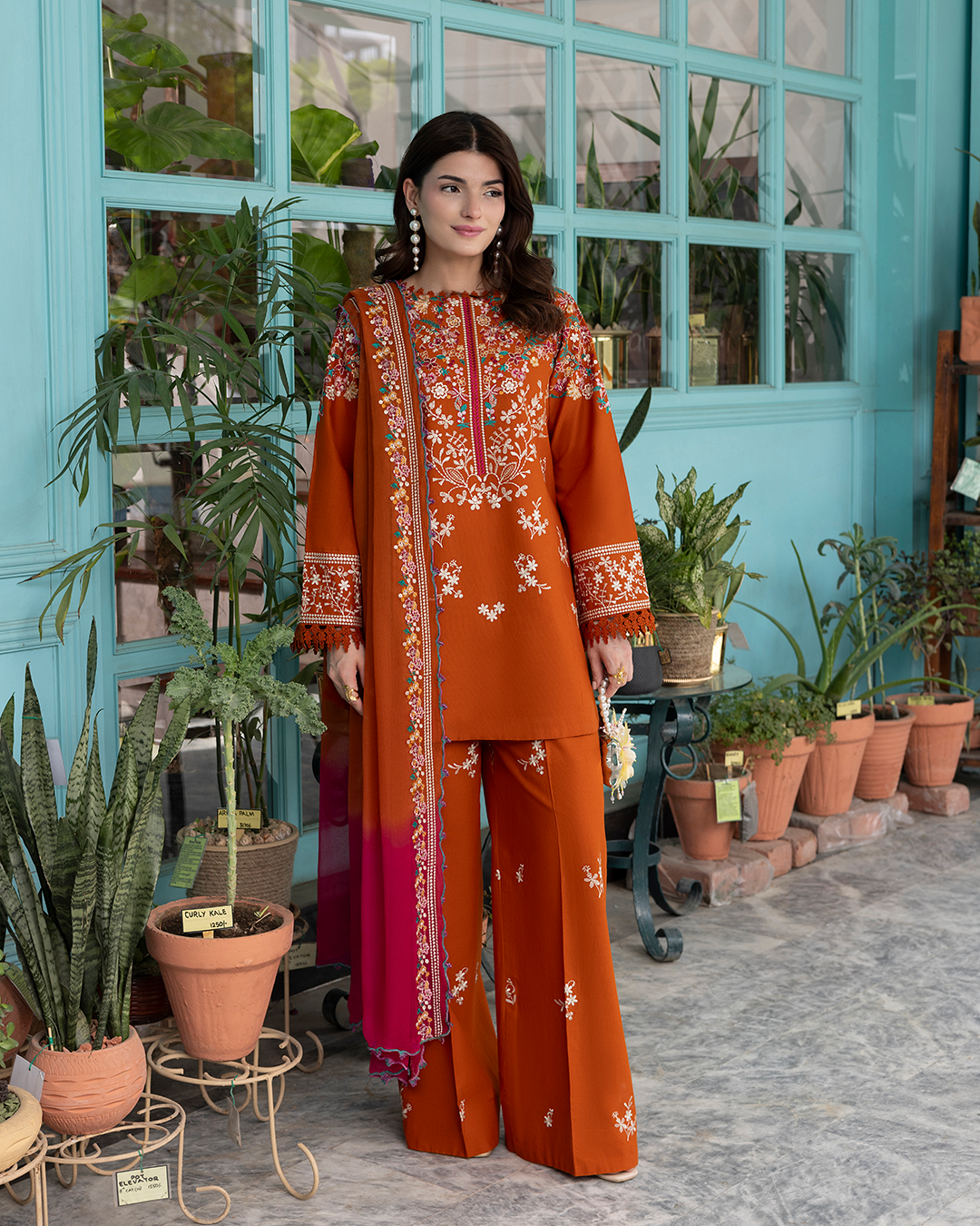 SAPPHIRE-3PC DHANAK EMBROIDERED SHIRT WITH DHANAK EMBROIDERED SHAWL AND EMB TROUSER-BIC-5236