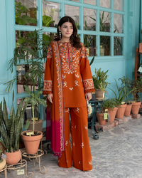 SAPPHIRE-3PC DHANAK EMBROIDERED SHIRT WITH DHANAK EMBROIDERED SHAWL AND EMB TROUSER-BIC-5236