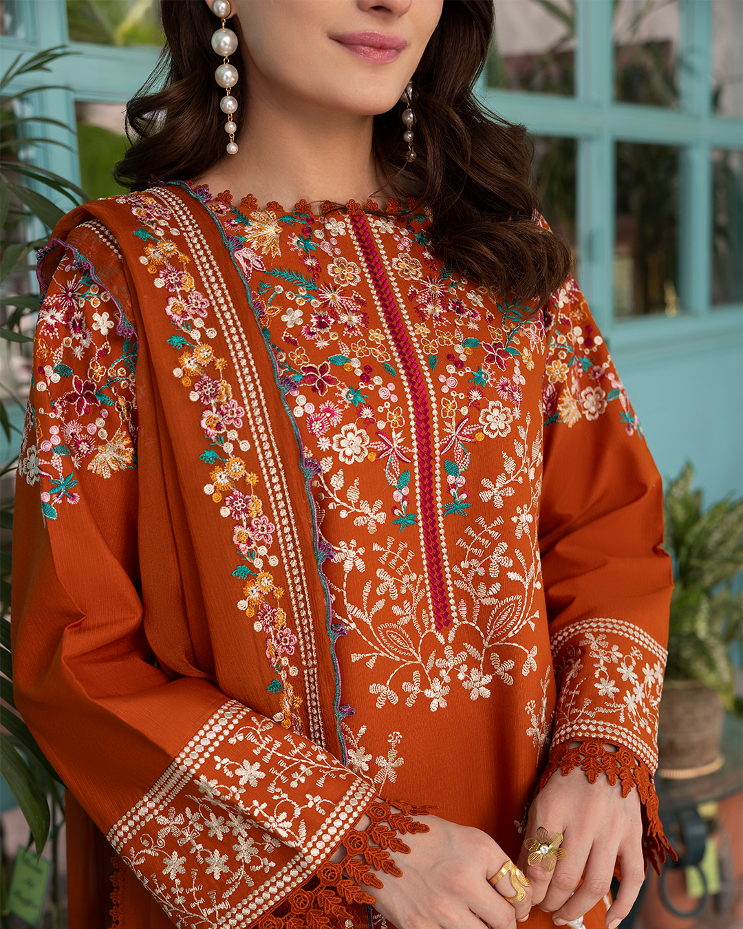 SAPPHIRE-3PC DHANAK EMBROIDERED SHIRT WITH DHANAK EMBROIDERED SHAWL AND EMB TROUSER-BIC-5236