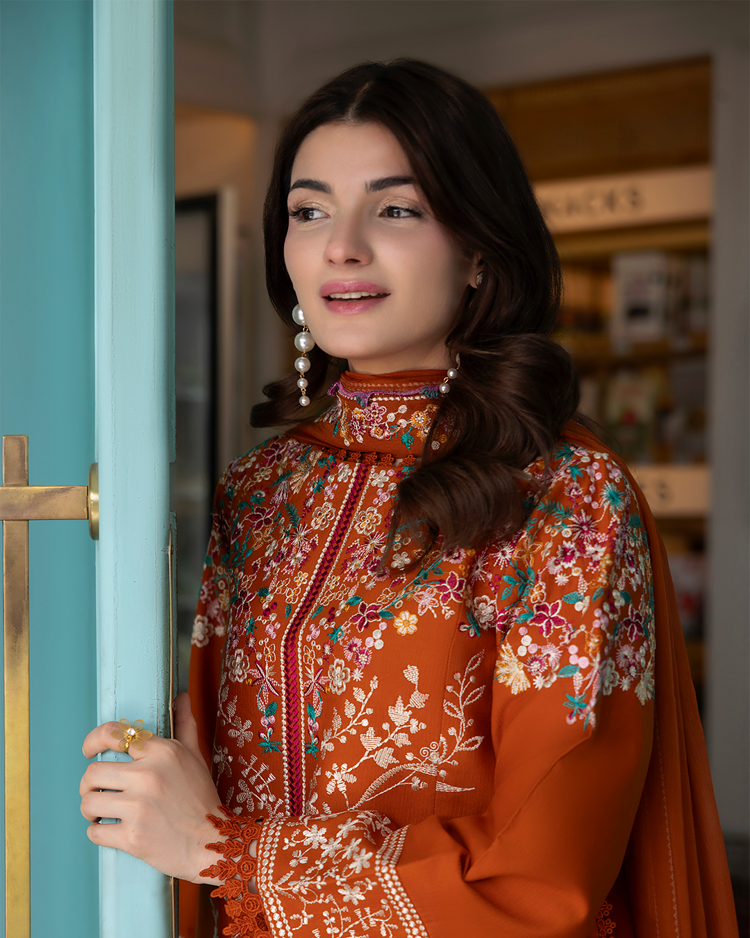 SAPPHIRE-3PC DHANAK EMBROIDERED SHIRT WITH DHANAK EMBROIDERED SHAWL AND EMB TROUSER-BIC-5236