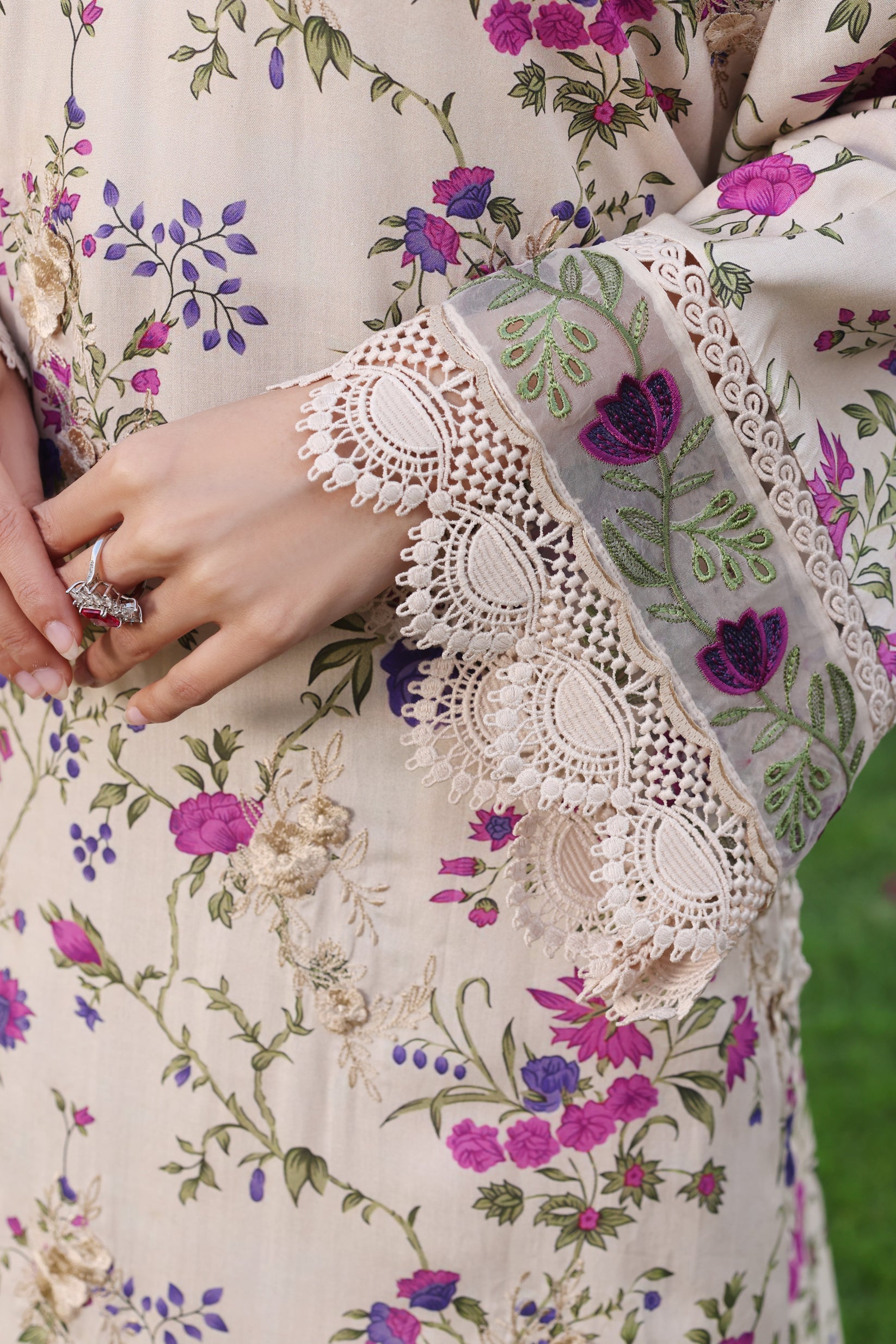 ANEELAS-3PC LAWN PRINTED CHIKAN EMB SHIRT WITH SILK PRINTED DUPATTA AND TROUSER-BIC-031