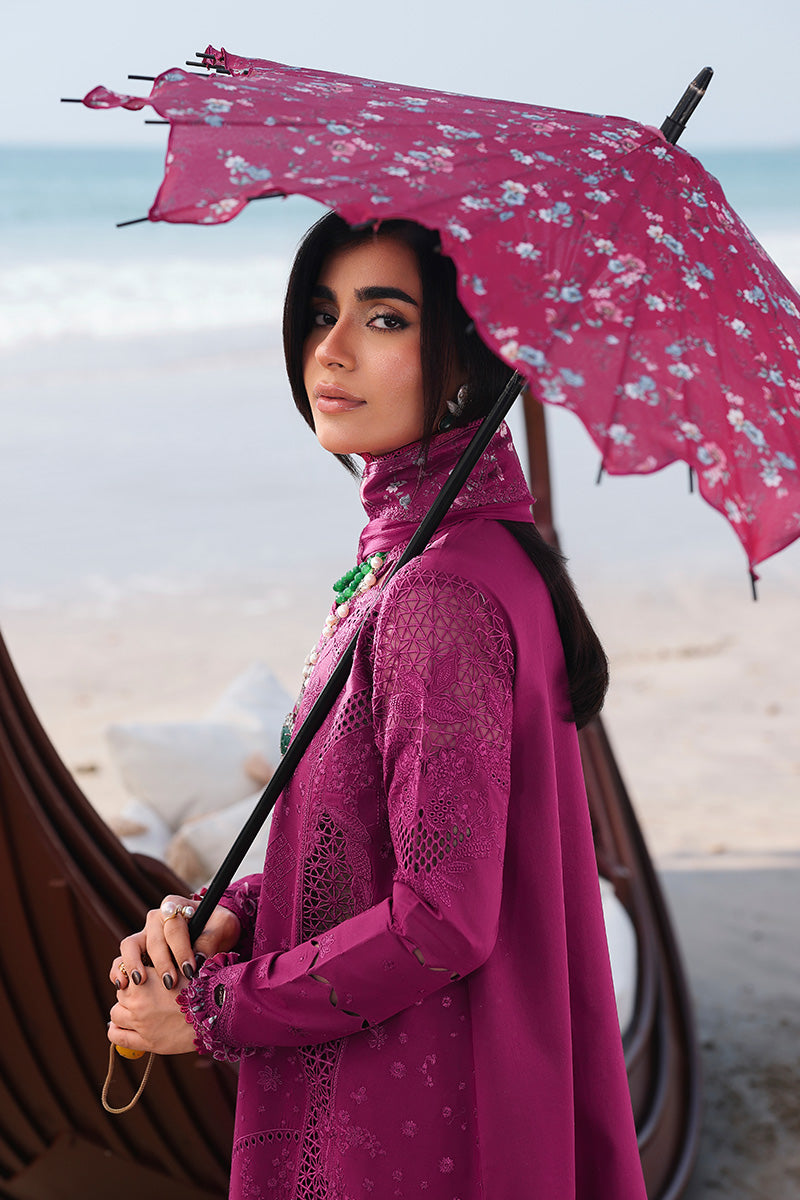QALAMQAR-3PC LAWN EMBROIDERED SHIRT WITH KHAADI NET SILK EMBROIDERED BORDER DUPATTA AND TROUSER-BIC-4835